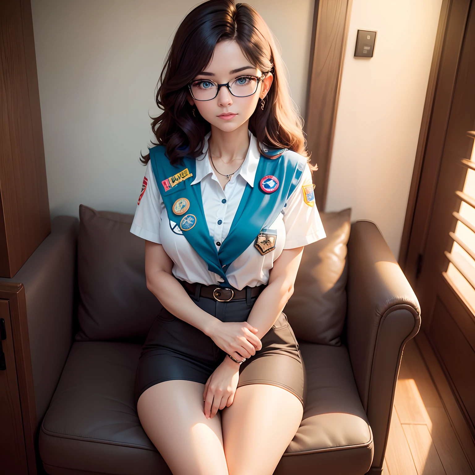 Girl Scout leader mom with brown baylage hair and blue eyes and black frame glasses