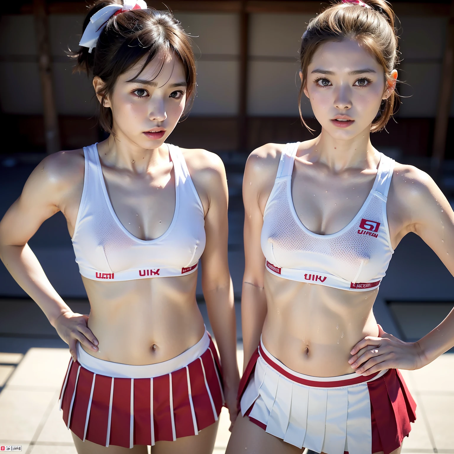 (2girls:1.2), (a detailed full-body RAW photo of a girl), (masutepiece:1.0), (Best Quality:1.4), (超A high resolution:1.2), (Photorealistic:1.4), 8K resolution, Canon EOS R5, 50mm, absurderes, ultra-detailliert, (25 year old), Sharp Focus, Cinematic lighting, Detailed beautiful face, (no-makeup:1.2), (ulzzang -6500-v1.1), petite figure, Detailed skin texture, flat chest, (skinny and fit body:1.6), Detailed brown hair, sweltering,(Very short hair:1.5), realistic glistening skin, (Sweating:1.4), detailed texture, (Japan athletes:1.5), (flat chest:1.5), (Erect nipples:1.2), dynamic pose, ((cheerleader costum)), ((pleated mini skirt)), ponytail,