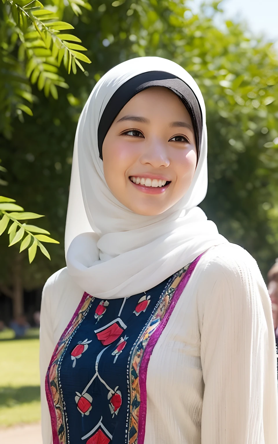 Draw a picture of an Indonesian girl wearing a hijab with a cheerful and enthusiastic face, sitting in the park and playing the guitar. Make sure her face looks realistic with fine details, and choose bright, fresh colors for her hijab. Add a touch of Indonesian culture by choosing a hijab motif inspired by traditional fabrics such as batik or weaving. Don't forget to put a happy expression on his face. Provide a beautiful garden backdrop with detailed trees, flowers, and other natural elements. Also add details such as flying birds or butterflies to give a lively and cheerful feel