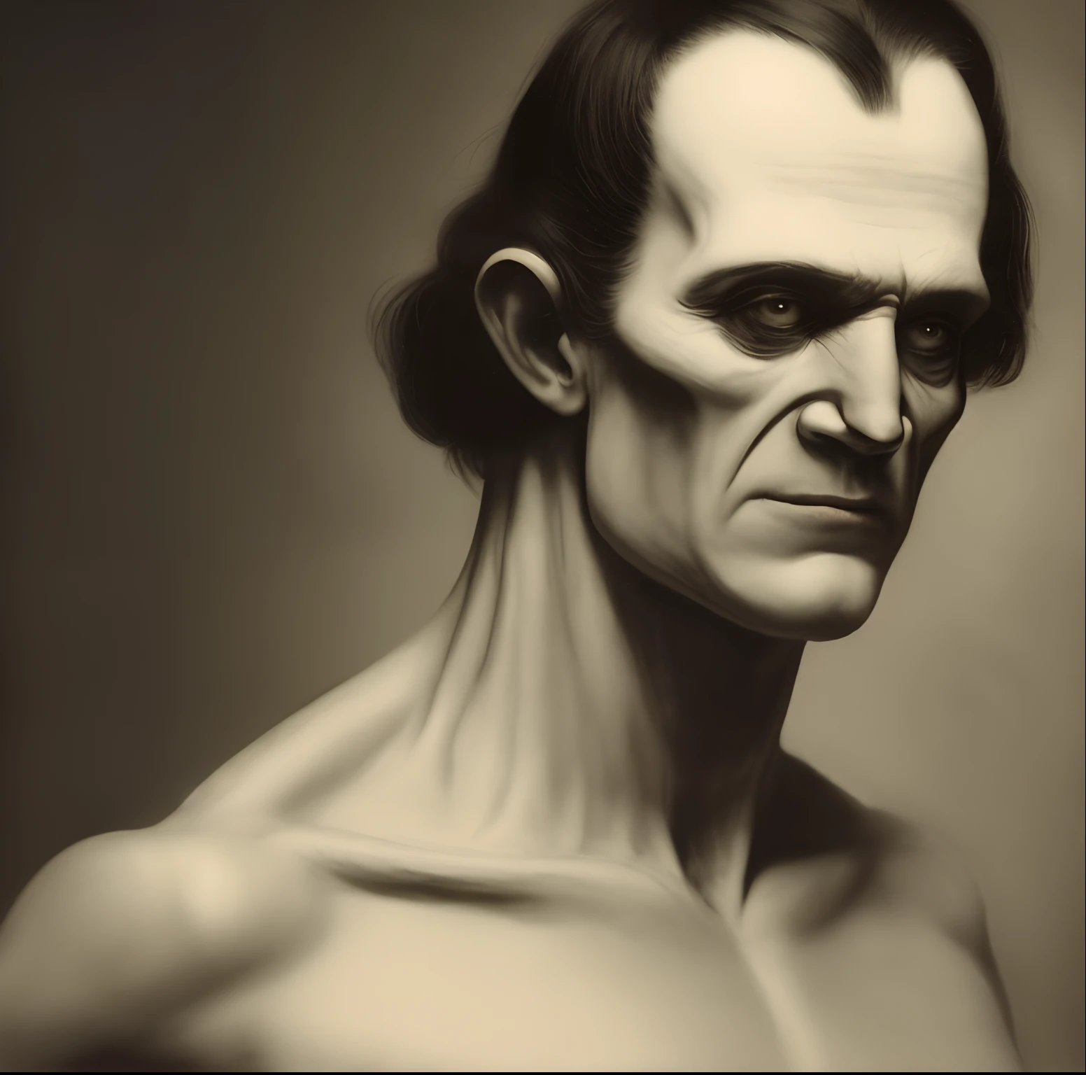 give me a picture of Frankenstein based off of Mary Shelley’s description: In Mary Shelley's novel "Frankenstein," the creature is described as having yellowish skin that barely covered his muscles and blood vessels. His hair is described as black and flowing, and his eyes are watery and pale. His lips are also pale and his teeth are described as "pearly white." Overall, the creature is portrayed as grotesque and not resembling a typical human due to the experimental nature of his creation.