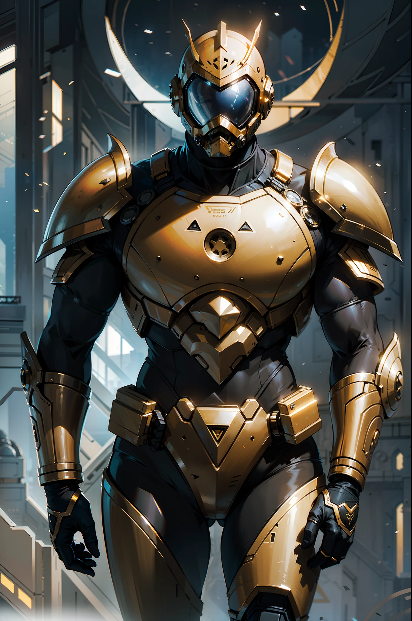 Interestelar,infinite space,A heavily armed warrior fell from the sky,Sobrecarga de luz,Ssee-through,profundidade de campos,((master part)),(best quality)),Magnificent spatial image scene,Surrealismo, Super Detalhe, ccurate, best quality, hiper HD, master part, anatomicamente correto, A high resolution, 16k, armadura amarela, armado e perigoso, Technological helmet with black visor, estilo cyberpunk em cidade futurista