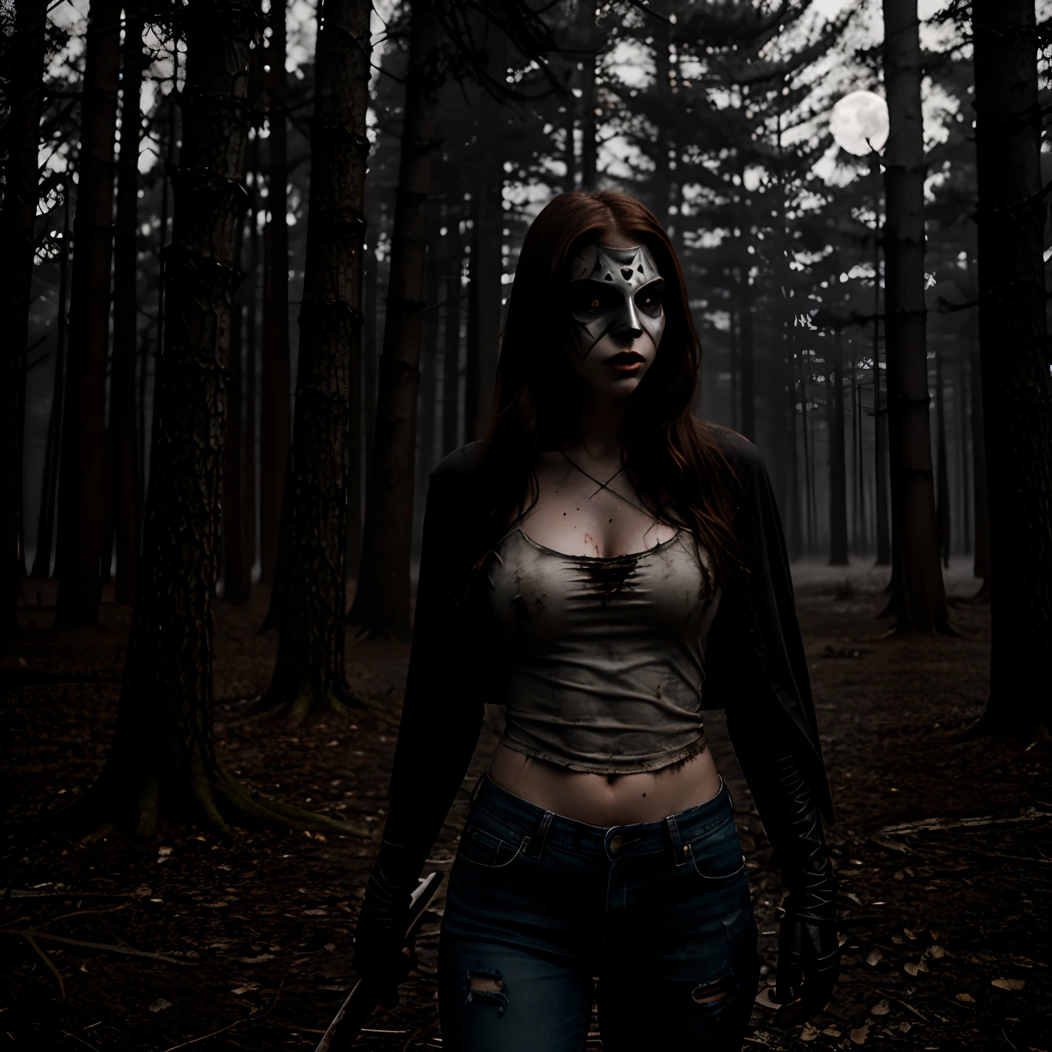 Generate a striking photograph of Autumn in her mid-20s, standing at approximately 5'4". She embodies a female version of Jason Voorhees from the Friday the 13th franchise. Her long, wavy chestnut hair cascades eerily over her shoulders, and her athletic hourglass figure, including her full bust, is cloaked in a sinister yet alluring manner. Her complexion is pallid, creating an eerie contrast with her dark attire.Cloaked in a gender-bent, menacing interpretation of Jason Voorhees' iconic attire, Autumn wears a tattered and blood-spattered hockey mask that conceals the upper part of her face. Her clothing consists of a weathered, blood-stained hockey jersey with the number 13, paired with distressed, dirt-covered jeans and heavy, mud-caked boots.The photoshoot takes place in a creepy, moonlit forest by the shores of Crystal Lake. The atmosphere is shrouded in fog, and the dim moonlight casts eerie shadows through the trees, creating a chilling ambiance.Autumn strikes poses that convey both malevolent power and eerie allure. She might menacingly wield a bloodied machete or axe, poised to strike, while her expressive brown eyes gleam malevolently through the eyeholes of the hockey mask. Her stance exudes a sinister confidence that captures the essence of Jason Voorhees.Intense look and makeup, asymmetrical mask design, photorealistic, moonlit lighting, ominous fog, reflective machete/axe blade, visible gore and bloodstains, chilling shadows, intricate, elaborate, hyper-realistic.