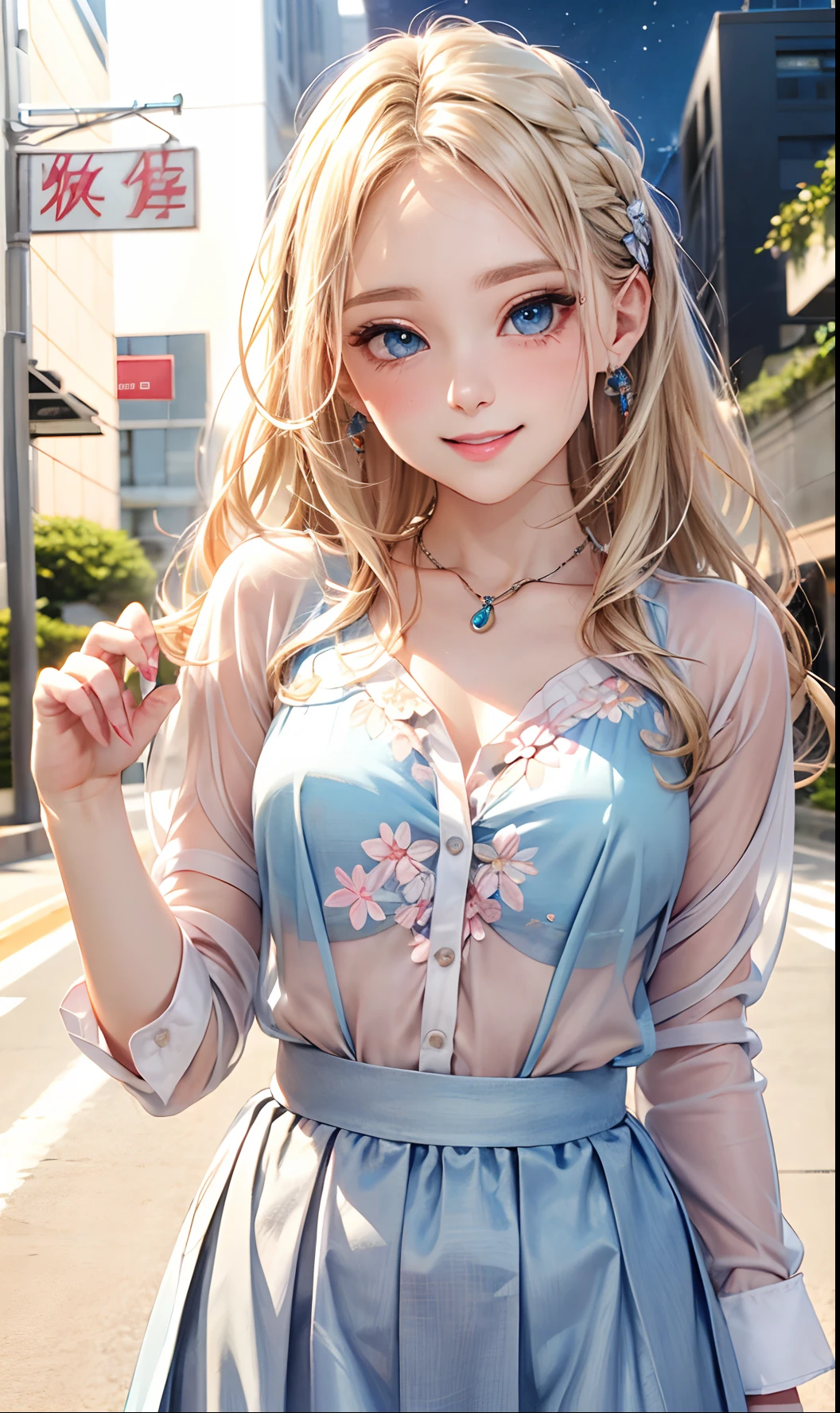 absurderes, ultra-detailliert,bright colour, extremely beautiful detailed anime face and eyes,top-quality、masutepiece、(1womanl:1.5),(独奏:1.6), Smooth straight blonde hair, Shiny hair, Delicate beautiful face, red blush,(Deep Blue Eyes:1.3 ) White skin, hair clips, a necklace,(Oversized Sheer Shirt:1.3),(Floral long skirt:1.3) (nightcity:1.3),Bustling street、(Nitanita Smile:1.5)、Poses