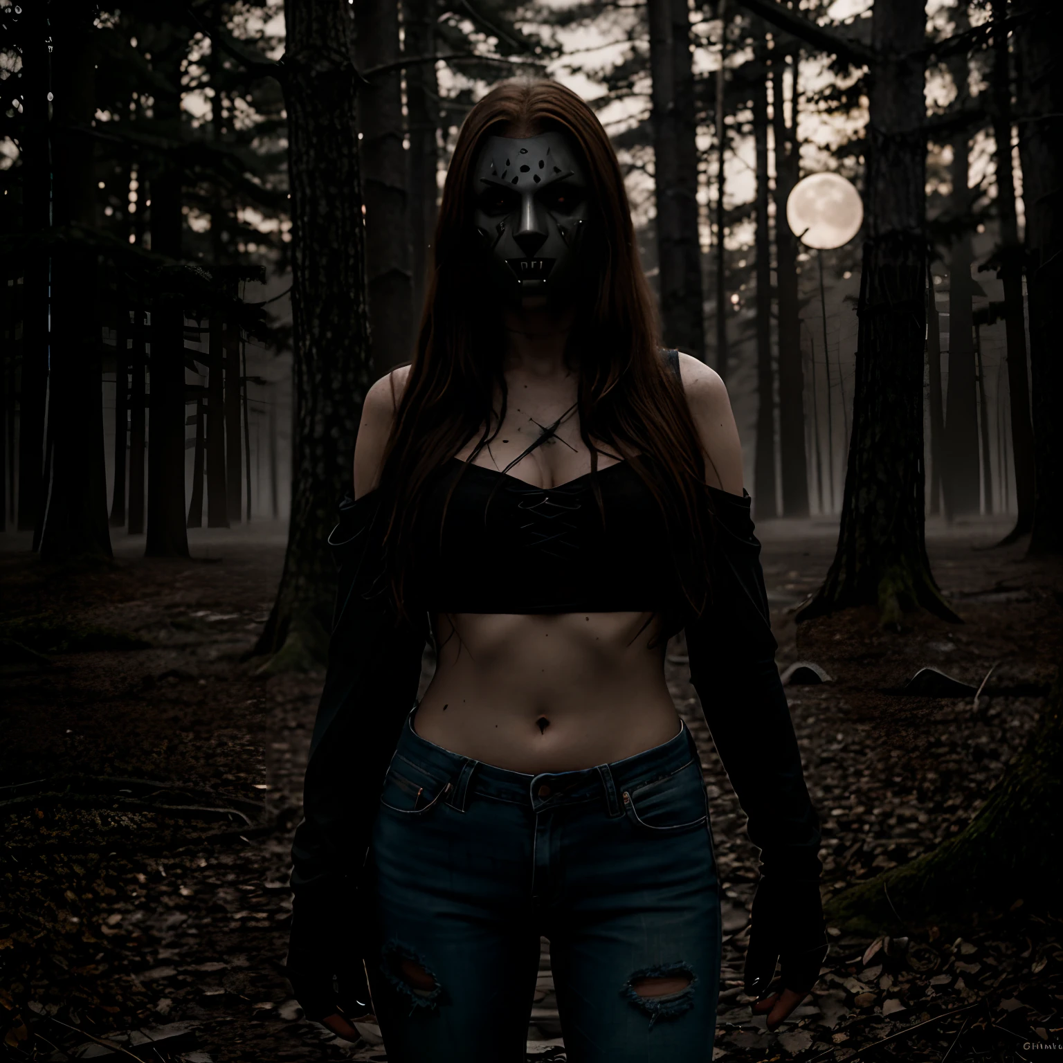 Generate a striking photograph of Autumn in her mid-20s, standing at approximately 5'4". She embodies a female version of Jason Voorhees from the Friday the 13th franchise. Her long, wavy chestnut hair cascades eerily over her shoulders, and her athletic hourglass figure, including her full bust, is cloaked in a sinister yet alluring manner. Her complexion is pallid, creating an eerie contrast with her dark attire.Cloaked in a gender-bent, menacing interpretation of Jason Voorhees' iconic attire, Autumn wears a tattered and blood-spattered hockey mask that conceals the upper part of her face. Her clothing consists of a weathered, blood-stained hockey jersey with the number 13, paired with distressed, dirt-covered jeans and heavy, mud-caked boots.The photoshoot takes place in a creepy, moonlit forest by the shores of Crystal Lake. The atmosphere is shrouded in fog, and the dim moonlight casts eerie shadows through the trees, creating a chilling ambiance.Autumn strikes poses that convey both malevolent power and eerie allure. She might menacingly wield a bloodied machete or axe, poised to strike, while her expressive brown eyes gleam malevolently through the eyeholes of the hockey mask. Her stance exudes a sinister confidence that captures the essence of Jason Voorhees.Intense look and makeup, asymmetrical mask design, photorealistic, moonlit lighting, ominous fog, reflective machete/axe blade, visible gore and bloodstains, chilling shadows, intricate, elaborate, hyper-realistic.