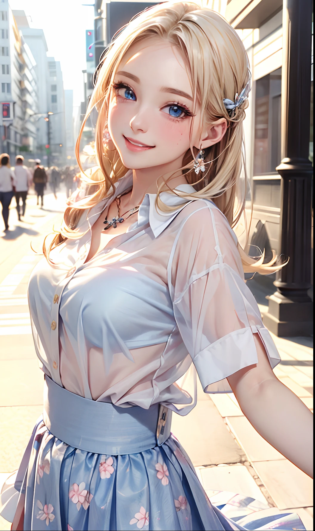 absurderes, ultra-detailliert,bright colour, extremely beautiful detailed anime face and eyes,top-quality、masutepiece、(1womanl:1.5),(独奏:1.6), Smooth straight blonde hair, Shiny hair, Delicate beautiful face, red blush,(Deep Blue Eyes:1.3 ) White skin, hair clips, a necklace,(Oversized Sheer Shirt:1.3),(Floral long skirt:1.3) (nightcity:1.3),Bustling street、(Nitanita Smile:1.5)、Poses