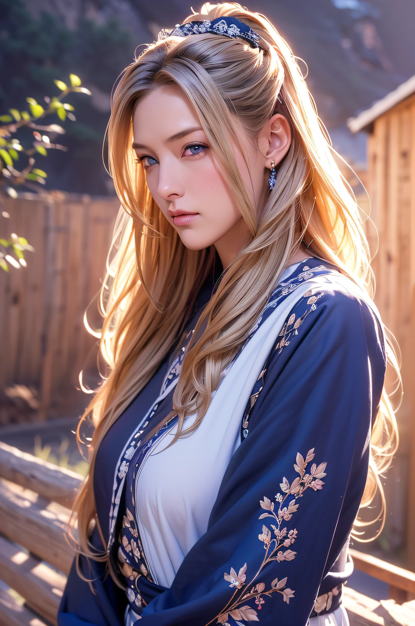 ((masutepiece)), ((Best Quality)), ((hight resolution)), ((Detailed background)), ((the Extremely Detailed CG Unity 8K Wallpapers)), Solo, Ziona, Blonde hair, Long hair, Blue eyes, Hair Tuft, Cowboy Shot, Outdoors, ((maid clothes))、masterpiece, top-quality, hightquality, hight resolution