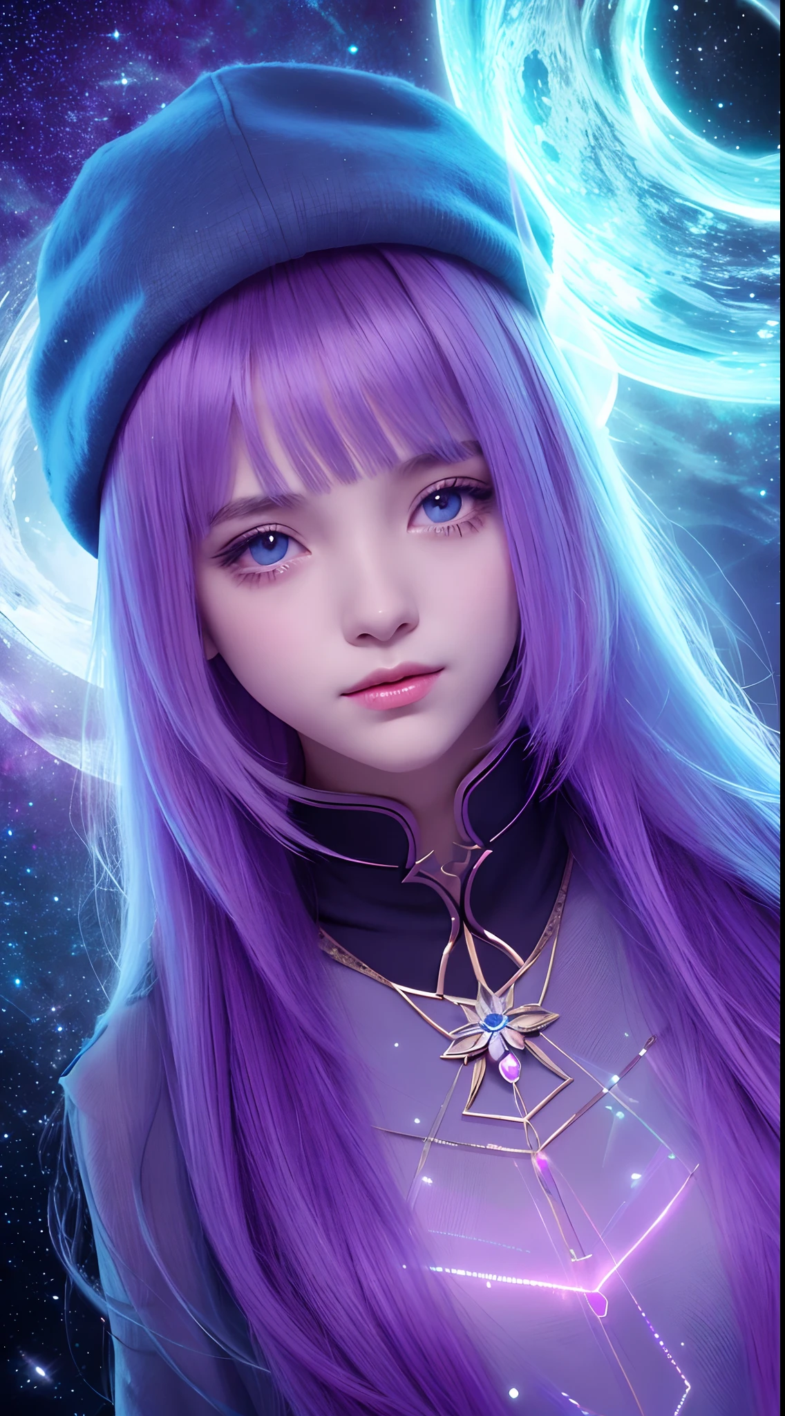 fondo: Mysterious quantum environment, Cosmic elements and ethereal atmosphere，Una mezcla de luces brillantes y nebulosas coloridas. tema: A mysterious girl with a magical aura. Ella tiene mucho tiempo, Rizos ondulados coloridos, El cabello brillante se destaca. Sus ojos son profundos y expresivos, Universe of reflection. She wore a flowing dress in purple and blue.........., Con detalles intrincados y texturas misteriosas. Paleta de colores: A combination of mysterious shades such as cosmic purple, celestial, Rosa suave y un toque dorado. Crear contrastes, Aumentar la profundidad, color oscuro, Like dark purple or night blue. aesthetic: Aesthetics combine elements of Mistycore, Known for its mysterious and ethereal atmosphere, and crystalline nuclei, Con su claridad cristalina y detalles brillantes. The girl exudes magical energy，Su presencia se cierne sobre ella，fascinante. cubierto con: Keep subtle bright effects and glow overlays around the girl, cubierto con: Adds a soft glow effect around the girl and the crystal, Parece exudar magia. Also, Add small flash details Enhances the ethereal atmosphere, Captura de todo el cuerpo.（Beautiful and detailed eye description）,motor irreal:1.4,UHD,La mejor calidad:1.4, (fotorrealista:1.4),( textura de la piel:1.4), (obra maestra:1.8)