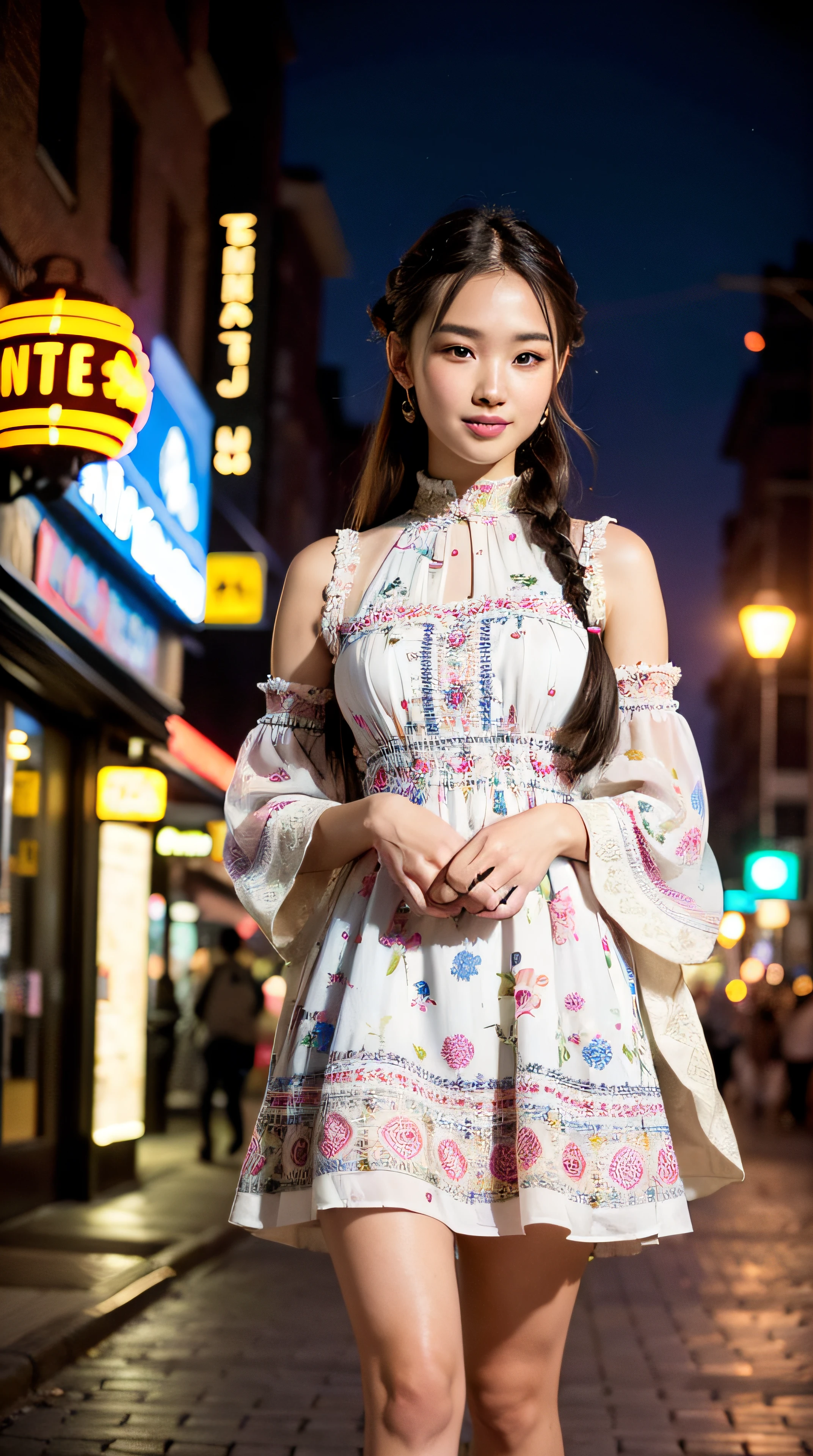 8k, best quality, masterpiece, realistic, ultra detail, photography, HDR, ROW photo, highres, absurdres, cinematic light, official art, High-definition, depth of field,
(close-up:1.2), beautiful legs, slender, cute face, smile, beautiful details eyes, 19years old korean, pretty, Dutch braids with bright pink color, detailed skin,
(intricately patterned dress:1.4), (colorful lights:1.4), (night:1.4), city street, (neon:1.2),
