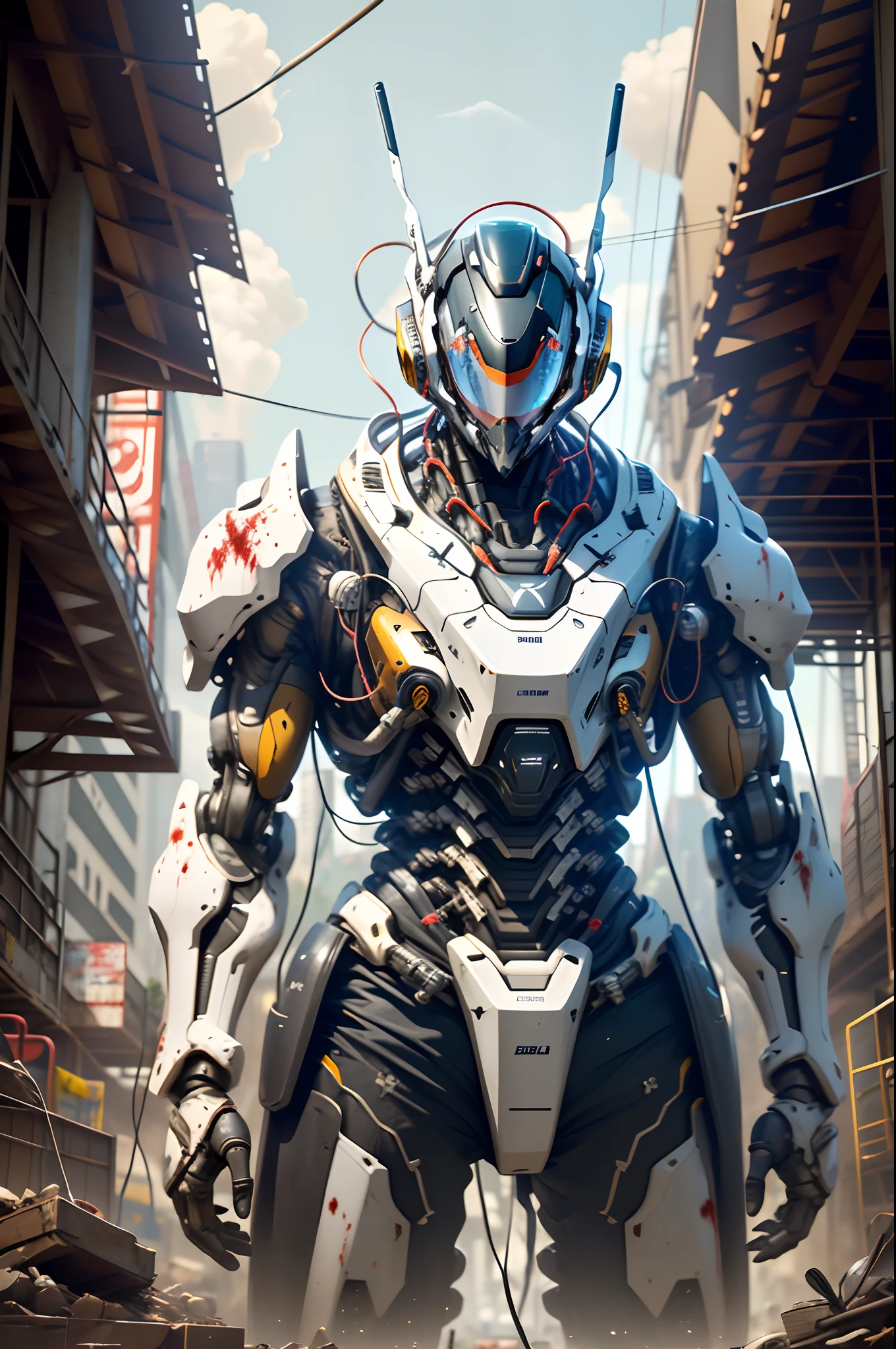 bulky exoskeleton robot , ((volumoso)) armadura, Mecha, Cyberpunk technological helmet and visor with black visor, traje amarelo, linhas limpas, negative space, Alto contraste, cor do gradiente,(((master part))), ((best quality)), (ultra-detalhado), (CG illustration), (um extremamente tortuoso e bonito)), Cinematic light, ((mechanic girl)), Apenas um, (machine-made joints: 1.4), ((mechanical limbs)), ( blood vessels attached to the tube), ((Mechanical cervical vertebrae attached to the neck), (Wires and cables attached to the head and body: 1.5), City ruin scene