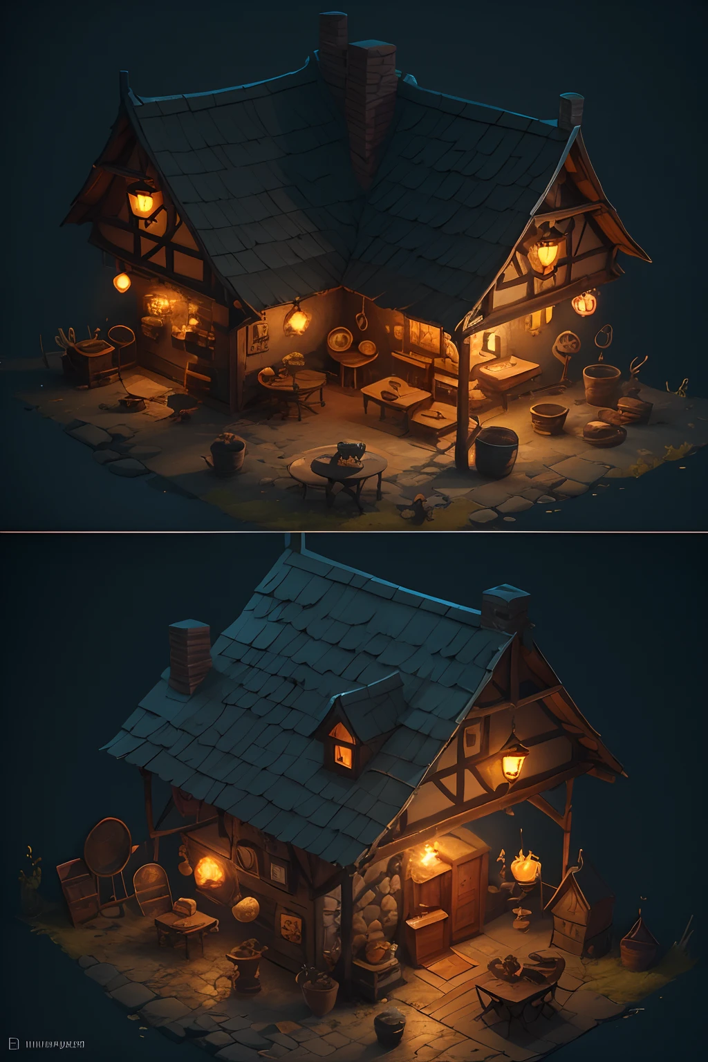 Small building close-up， Multi-dimensional comfortable building, Stylized game art, 3 d render stylized, Medieval Tavern, Stylized concept art, polycount contest winner, stylized 3d render, dimly-lit cozy tavern, isometric 2 d game art, isometric game art, Detailed game art