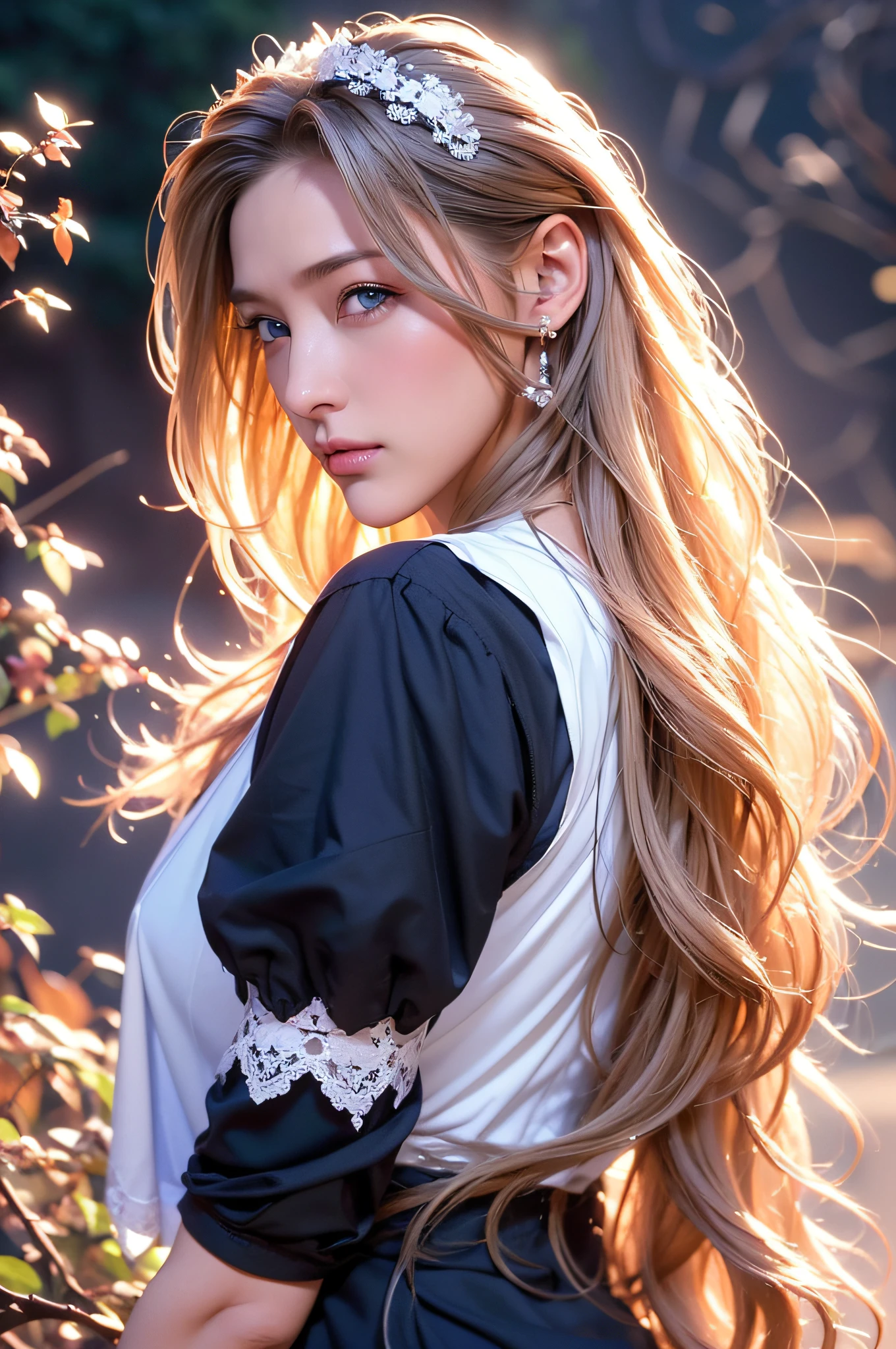 (front focus), (in the dark:1.6), Hyperrealist portrait of female by david hockney and alphonse mucha, fantasy art, photo realistic, dynamic lighting, artstation, poster, volumetric lighting, very detailed faces, 4 k, award winning, 1girl, in the dark, deep shadow, low key, cowboy shot, (official clothing:1.4), long hair, white hair, smile, ultra detailed skin,