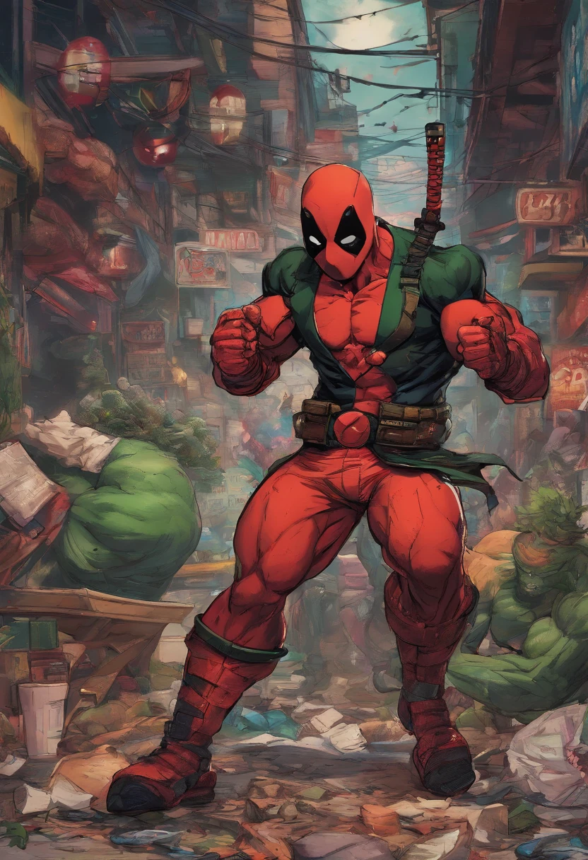 Merger between Marvel's Deadpool and BNHA's Deku.Renderizado 3D realista, Full body photography, hiperrealista