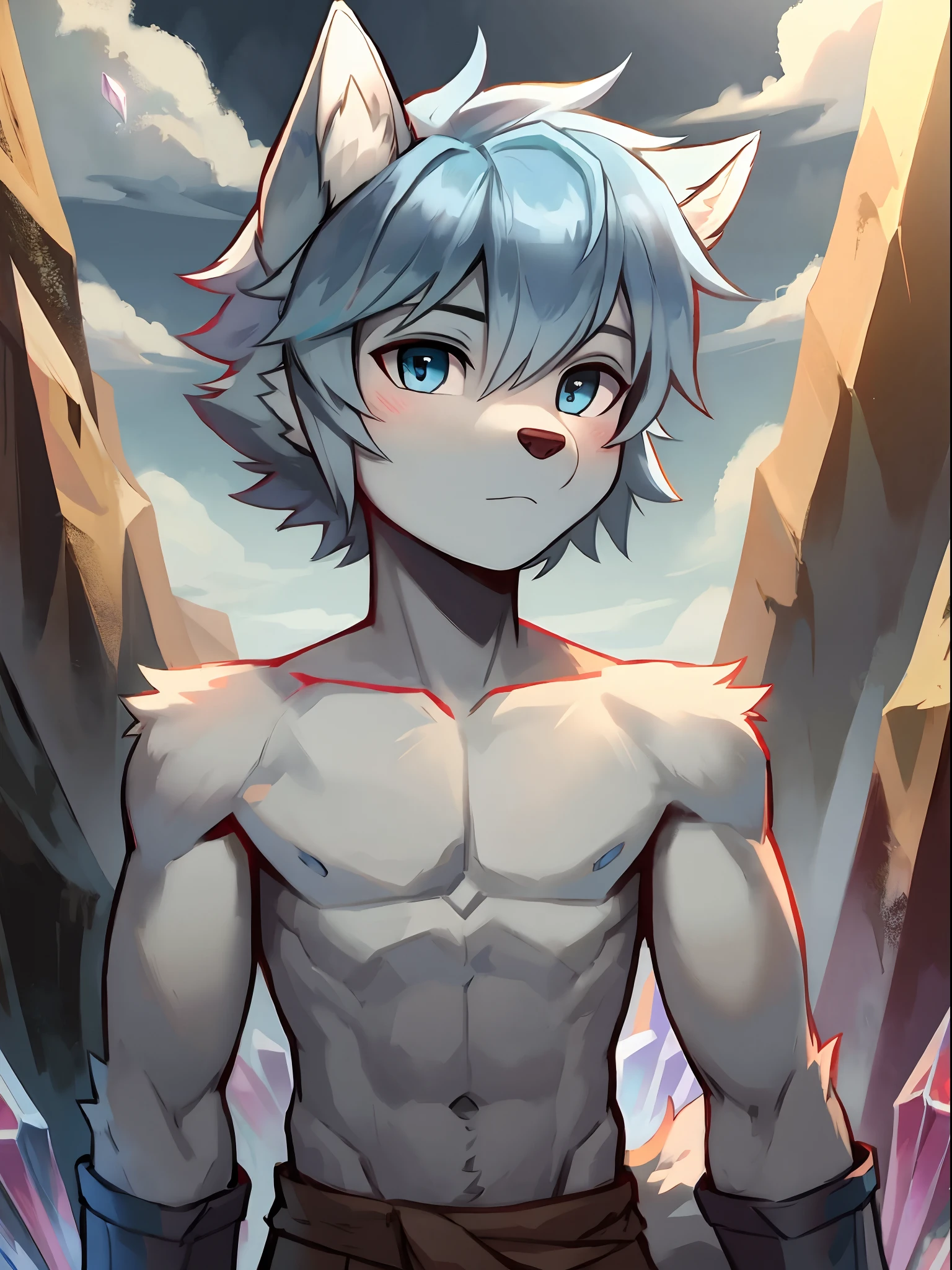 Furry,Wolf boy,White fur,crystal blue eyes,Single fluffy tail,greyt hair,short detailed hair