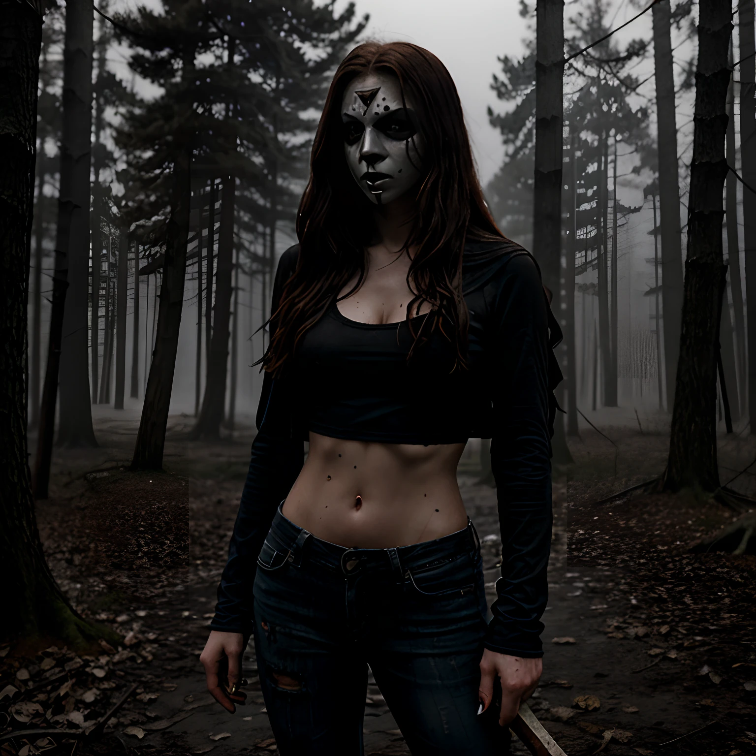 Generate a striking photograph of Autumn in her mid-20s, standing at approximately 5'4". She embodies a female version of Jason Voorhees from the Friday the 13th franchise. Her long, wavy chestnut hair cascades eerily over her shoulders, and her athletic hourglass figure, including her full bust, is cloaked in a sinister yet alluring manner. Her complexion is pallid, creating an eerie contrast with her dark attire.Cloaked in a gender-bent, menacing interpretation of Jason Voorhees' iconic attire, Autumn wears a tattered and blood-spattered hockey mask that conceals the upper part of her face. Her clothing consists of a weathered, blood-stained hockey jersey with the number 13, paired with distressed, dirt-covered jeans and heavy, mud-caked boots.The photoshoot takes place in a creepy, moonlit forest by the shores of Crystal Lake. The atmosphere is shrouded in fog, and the dim moonlight casts eerie shadows through the trees, creating a chilling ambiance.Autumn strikes poses that convey both malevolent power and eerie allure. She might menacingly wield a bloodied machete or axe, poised to strike, while her expressive brown eyes gleam malevolently through the eyeholes of the hockey mask. Her stance exudes a sinister confidence that captures the essence of Jason Voorhees.Intense look and makeup, asymmetrical mask design, photorealistic, moonlit lighting, ominous fog, reflective machete/axe blade, visible gore and bloodstains, chilling shadows, intricate, elaborate, hyper-realistic.