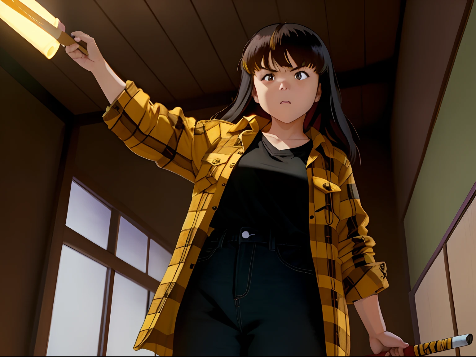 short chubby girl, long dark hair with yellow highlights at the ends of her hair, long bangs, angry expression, wearing a black shirt and a plaid flannel coat, wearing black pants, with a pose with her arm up holding a medieval sword, with a cigarette in his mouth, Japanese anime style