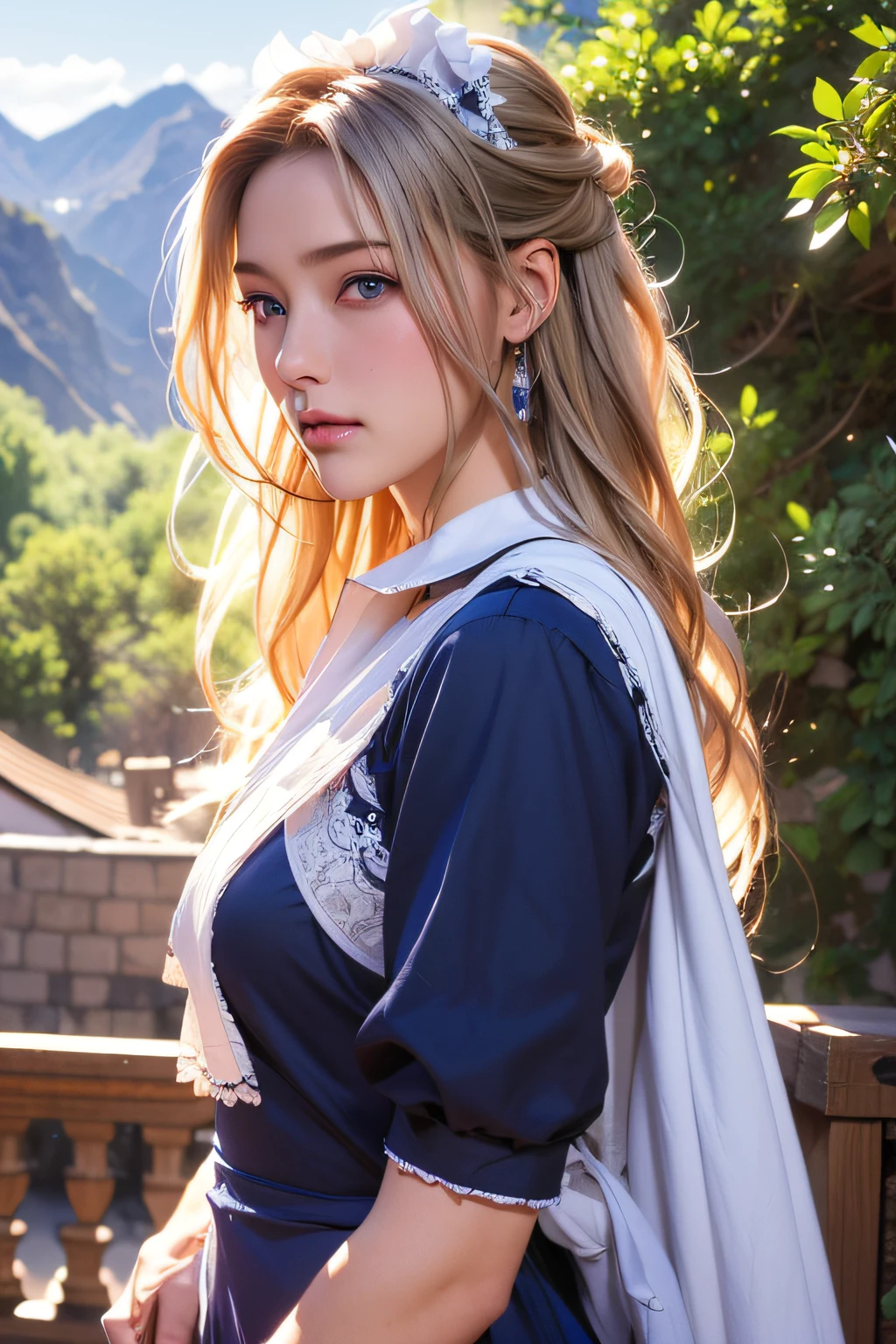 ((masutepiece)), ((Best Quality)), ((hight resolution)), ((Detailed background)), ((the Extremely Detailed CG Unity 8K Wallpapers)), Solo, Ziona, Blonde hair, Long hair, Blue eyes, Hair Tuft, Cowboy Shot, Outdoors, ((maid clothes))