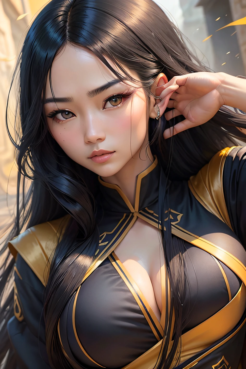woman
Asian appearance.
Distinct and defined facial features with a generally serene and focused expression.
Distinctive amber-colored eyes with a bluish mystical glow.
Long black hair, tied practically with strands gracefully falling around and framing the face.
Wearing traditional monastic clothes in shades of blue and gold."