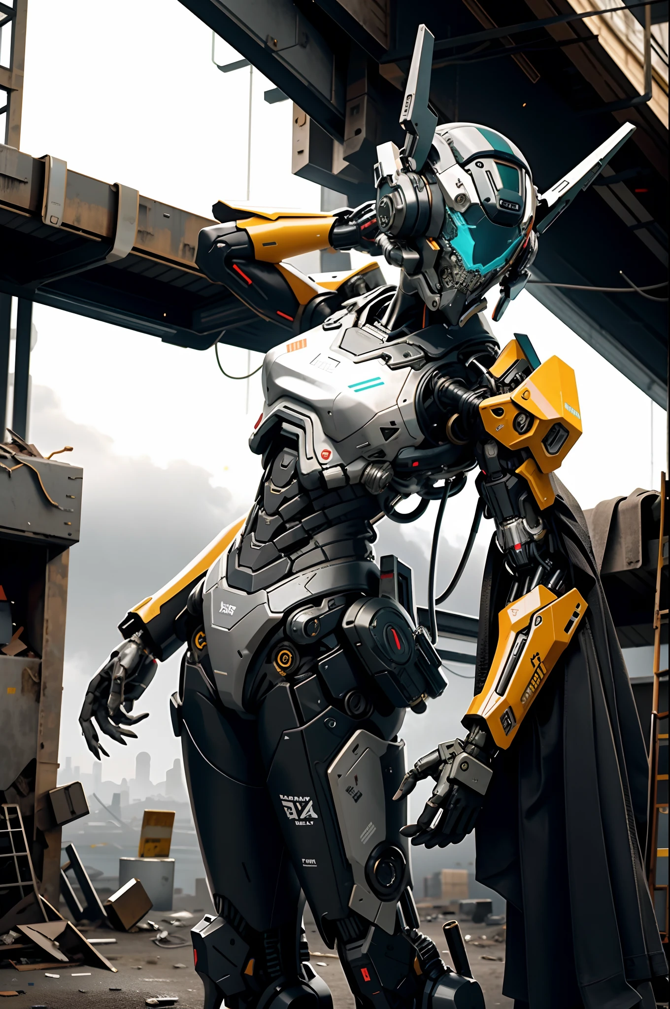 A hauntingly realistic photograph captures a nightmarish scene of a cybernetic zombie holding and firing a heavy spinning weapon, its decayed flesh intertwined with advanced cybernetic enhancements, Artificial Cybernetic Eyes, corpo com fio completo, Cyber arms and legs, carne, pele parcial sobre o corpo, Standing in a sinister solitude in the midst of a dystopian, post apocalyptic landscape. Fotografado com uma lente de 135mm, This image shows the grotesque fusion of human and machine with stark clarity.
 filme ainda, filme ainda, cinemactic, Cinematic Shot, Cinematic lighting, Technological yellow armor, com visor ?????, armado e perigoso em uma cidade futurista, Post apocalyptic.