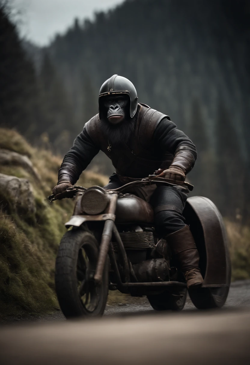 Gorila usando casco medieval al estilo vikingo conduciendo una moto de carreras