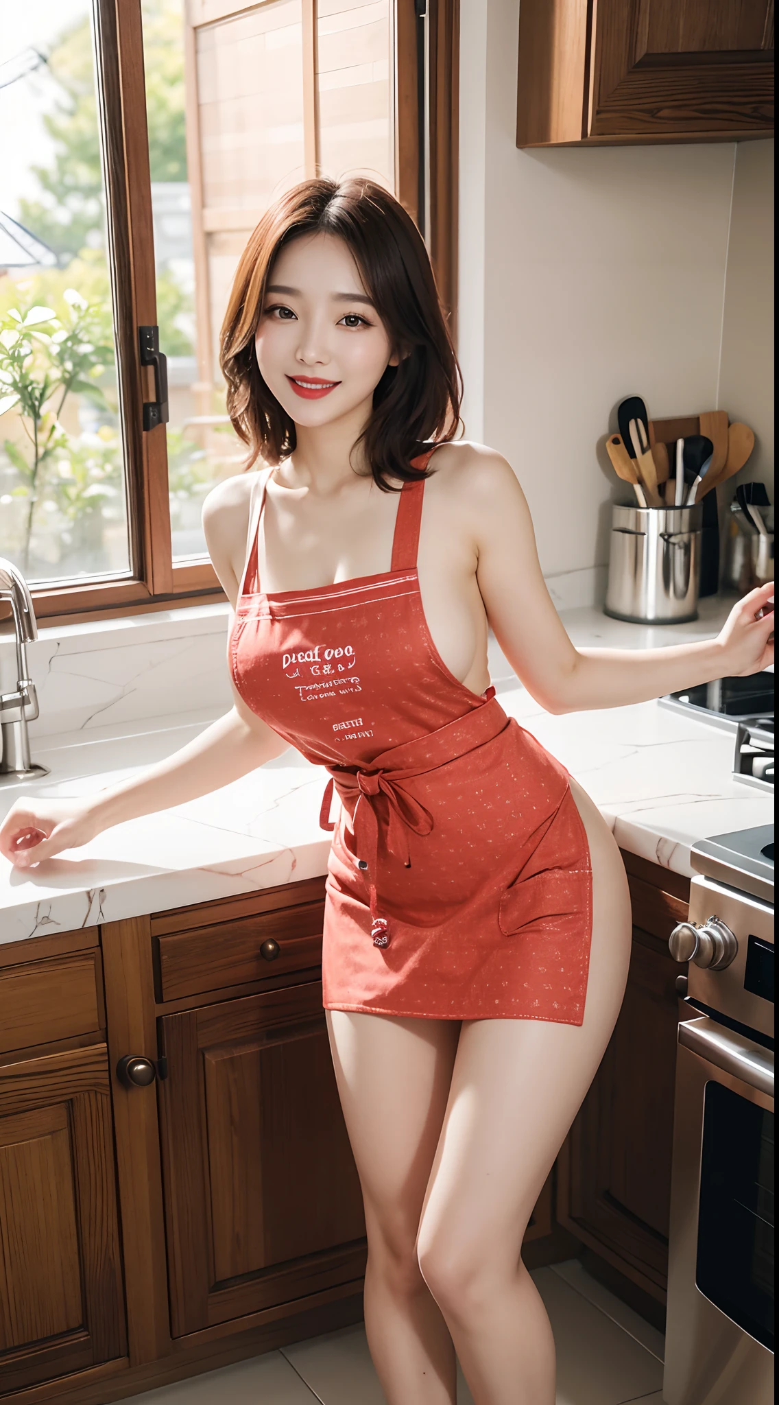 best quality, 4k, 8k, Detailed faces, beauty girl, Korean makeup, Red lips, laugh, perfect body, big breasts, thigh, Naked girl, naked, wear only 1 apron, patterned apron, The outer apron covers the body, View of the kitchen,