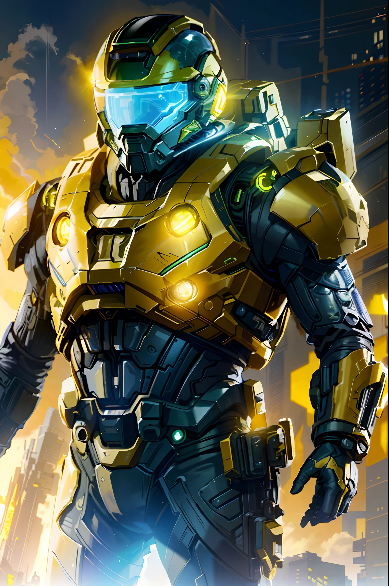 Homem Alaferd em um terno futurista, Armadura Quake de Halo Infinite, Dress with yellow color science fiction armor, Technological helmet with black visor, Standing in a futuristic cyberpunk city apocalyptic oos, Rendered by octane reality rendering hype, hq 4k papel de parede, Halo Master Chief interpretado por Adam Driver Dryver.