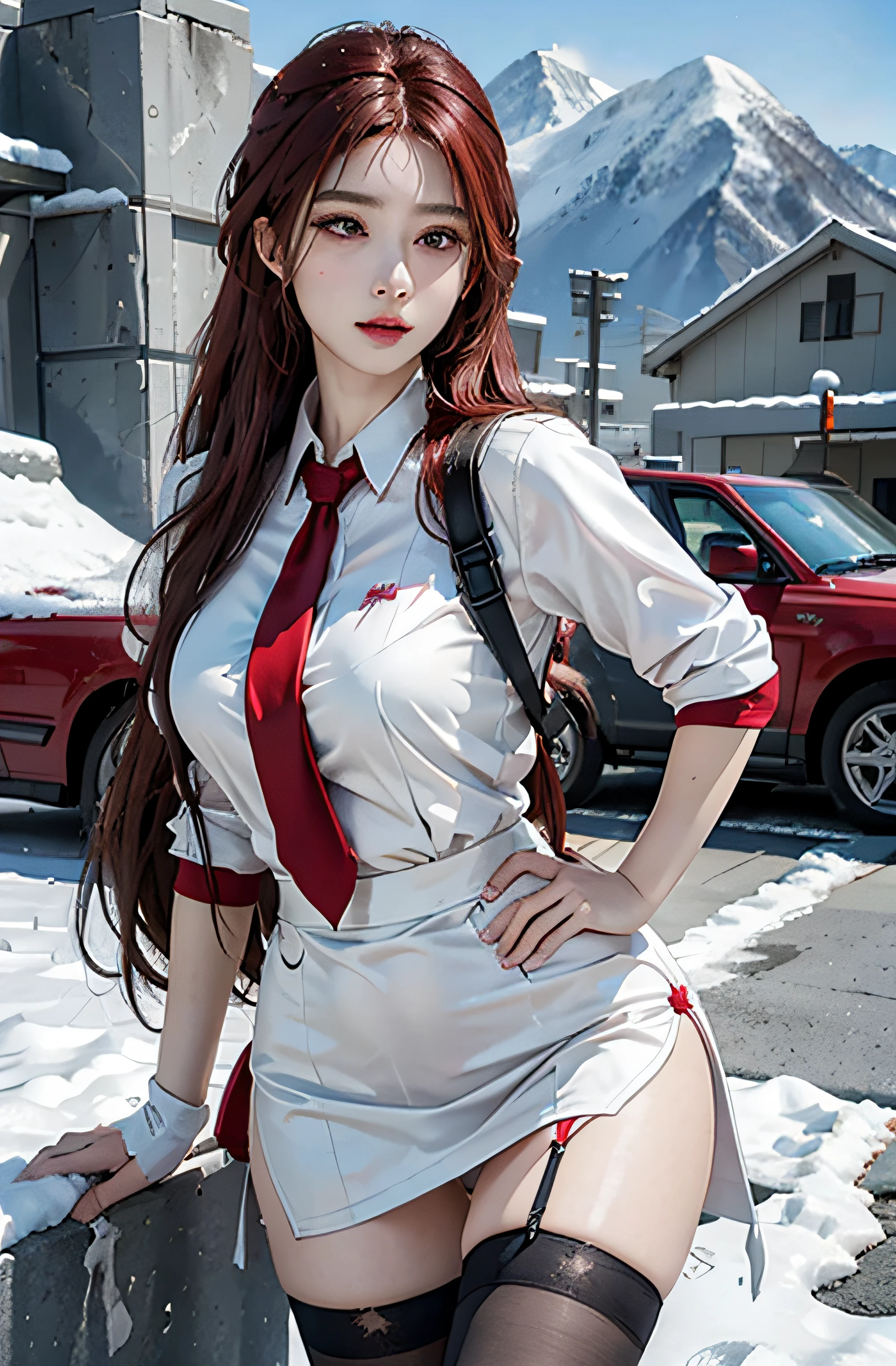 Photorealistic, high resolution, 1womanl, Solo, Hips up, view the viewer, (Detailed face),Red hair, Long hair, Nurse outfit, Stockings,Snow background, Girl aiming AK-47 assault rifle