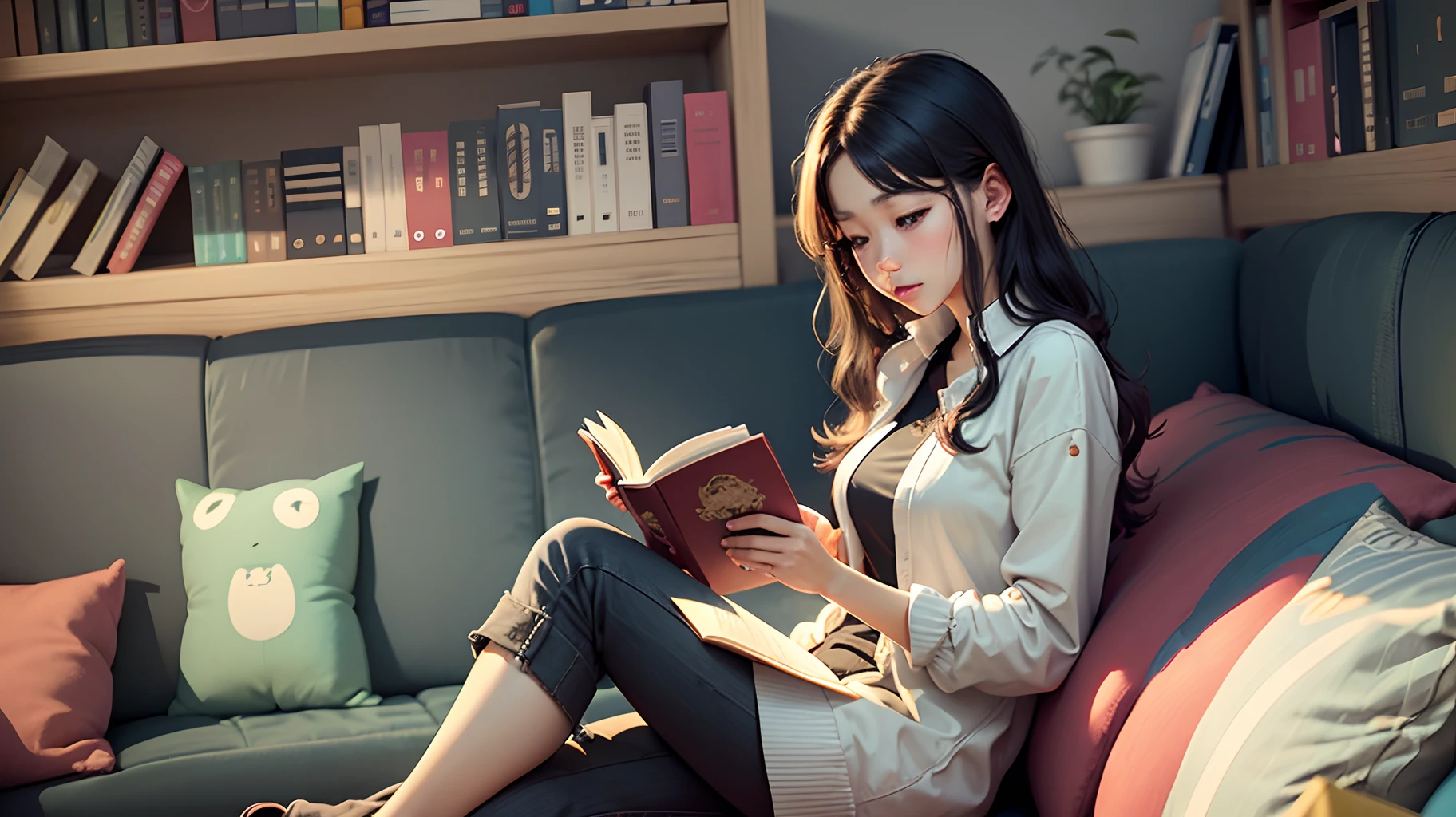Illustration style, sitting on the sofa reading a book, --auto --s2