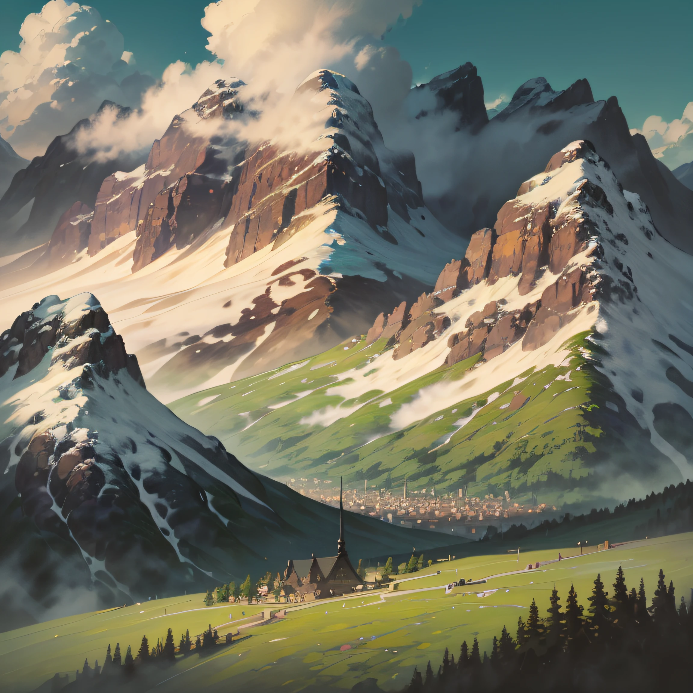 masterpiece,best quality, mountain and a small town in between