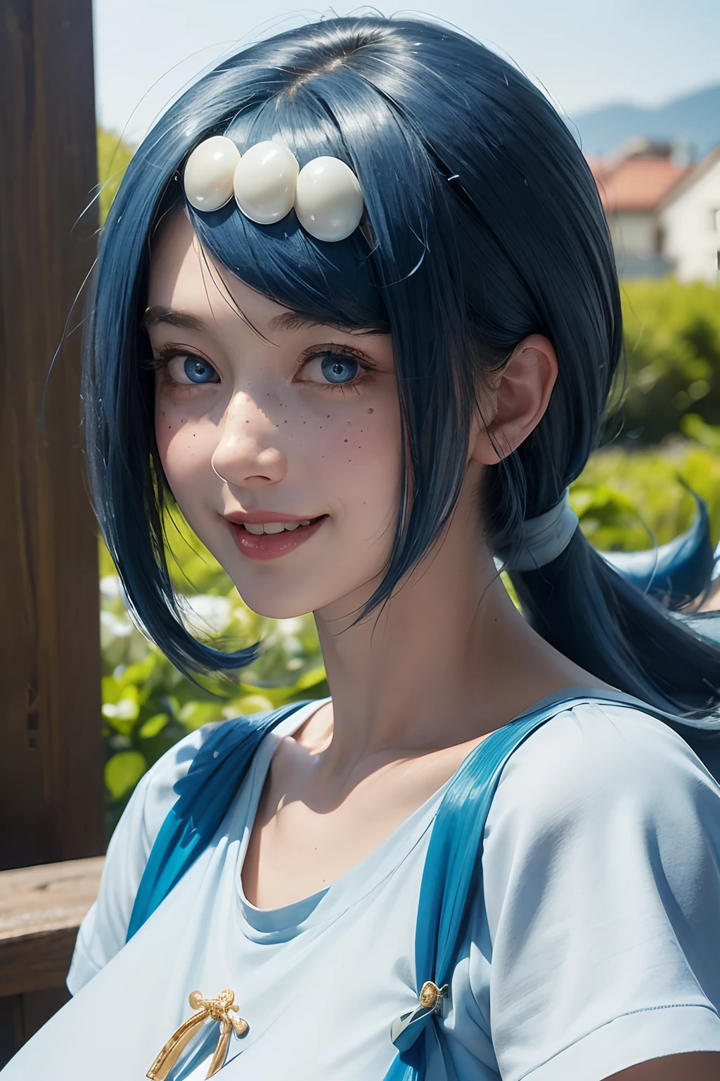 (best quality), (masterpiece), detailed, depth of field, perfect lighting, 1girl, mature female, blue eyes, blue hair, low ponytail, hair ornament, (best quality), (masterpiece), detailed, depth of field, short sleeves, white shirt, blue skirt, upper body, freckles, huge breasts, smile