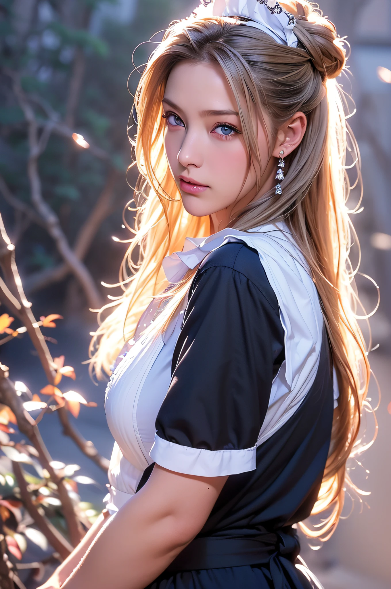 ((maid clothes))、((masutepiece)), ((Best Quality)), ((hight resolution)), ((Detailed background)), ((the Extremely Detailed CG Unity 8K Wallpapers)), Solo, Ziona, Blonde hair, Long hair, Blue eyes, Hair Tuft, Cowboy Shot, Outdoors, ((maid clothes))、masterpiece, top-quality, hightquality, hight resolution、maid clothes、Black theme