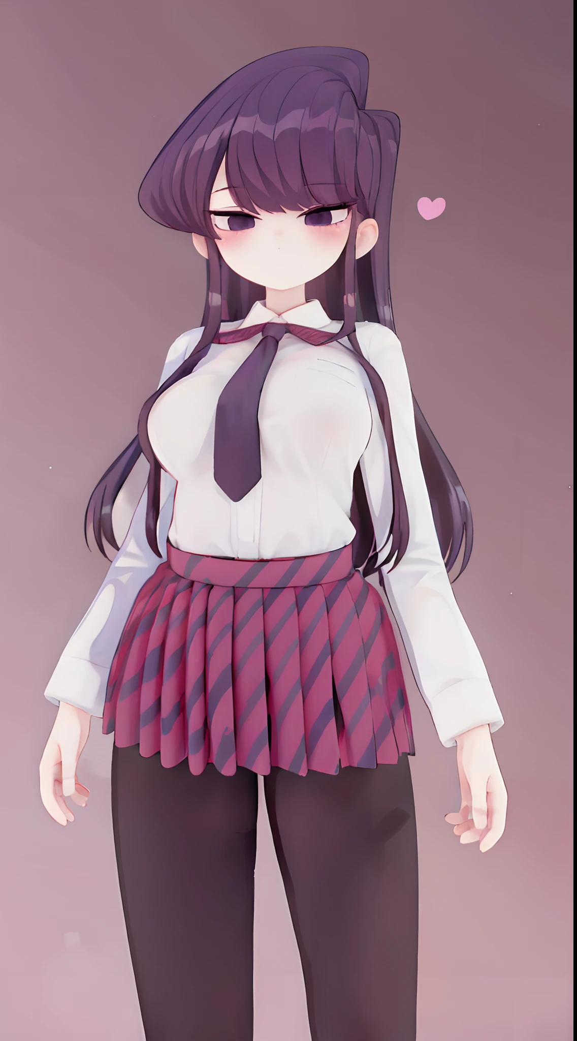 komi shouko,Gym role,D-cups,White shirt,black necktie,Prominent hip curve,black colored leggings,Suspender stockings,Lots of pink hearts,Love background,Fleshy thighs,highly rendered,detailed face with
