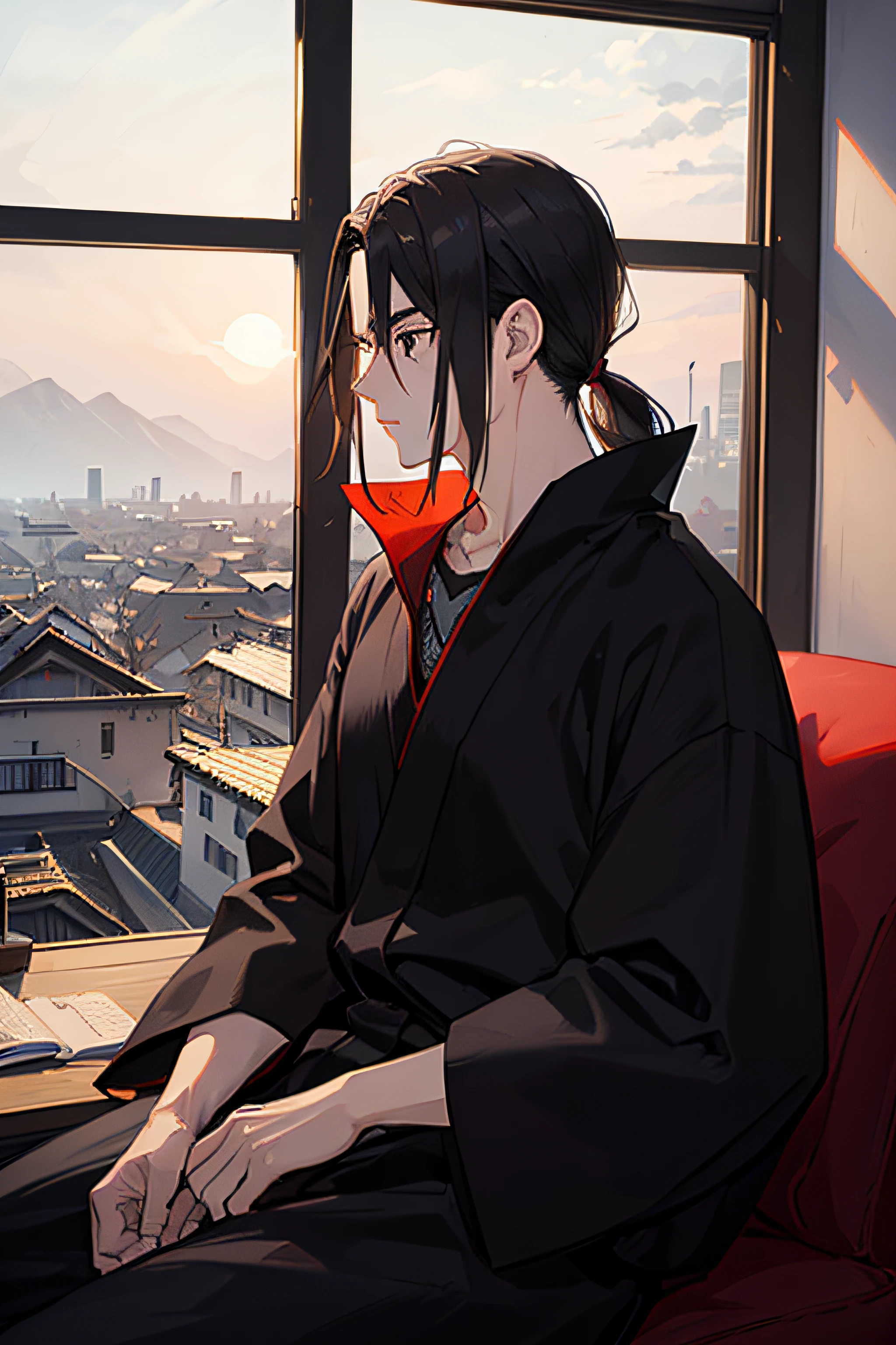 A man, black hair tied in a ponytail, black eyes, wearing a police uniform from a feudal Japan, looking out over a village from a large office window.