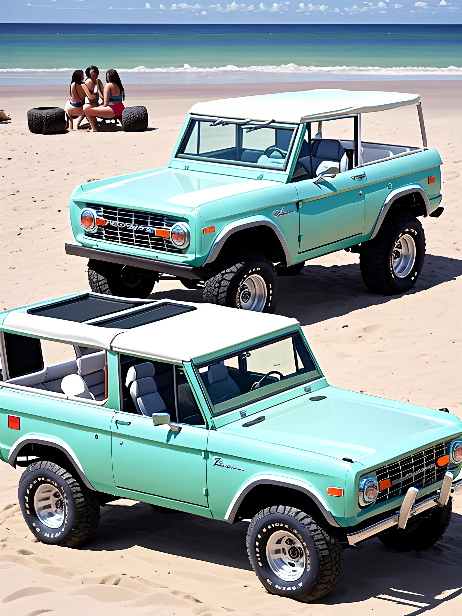 1971 ford bronco, sea foam green colored, topless, with a white colored family style roll bar, a white colored grill, a set of white colored steel wheels, with big tires and a matching spare tire on the back, on a beach, and girls in bikinis