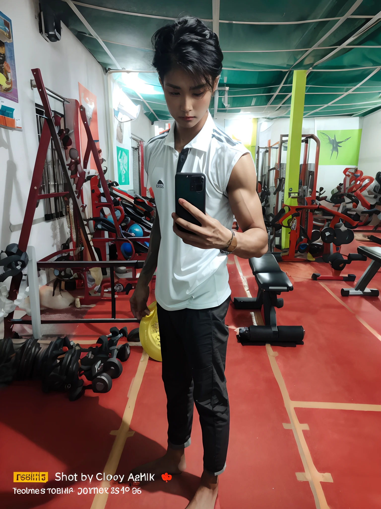 Gym gery colour.real face .pint black shirt with colour.mobile I phone.
