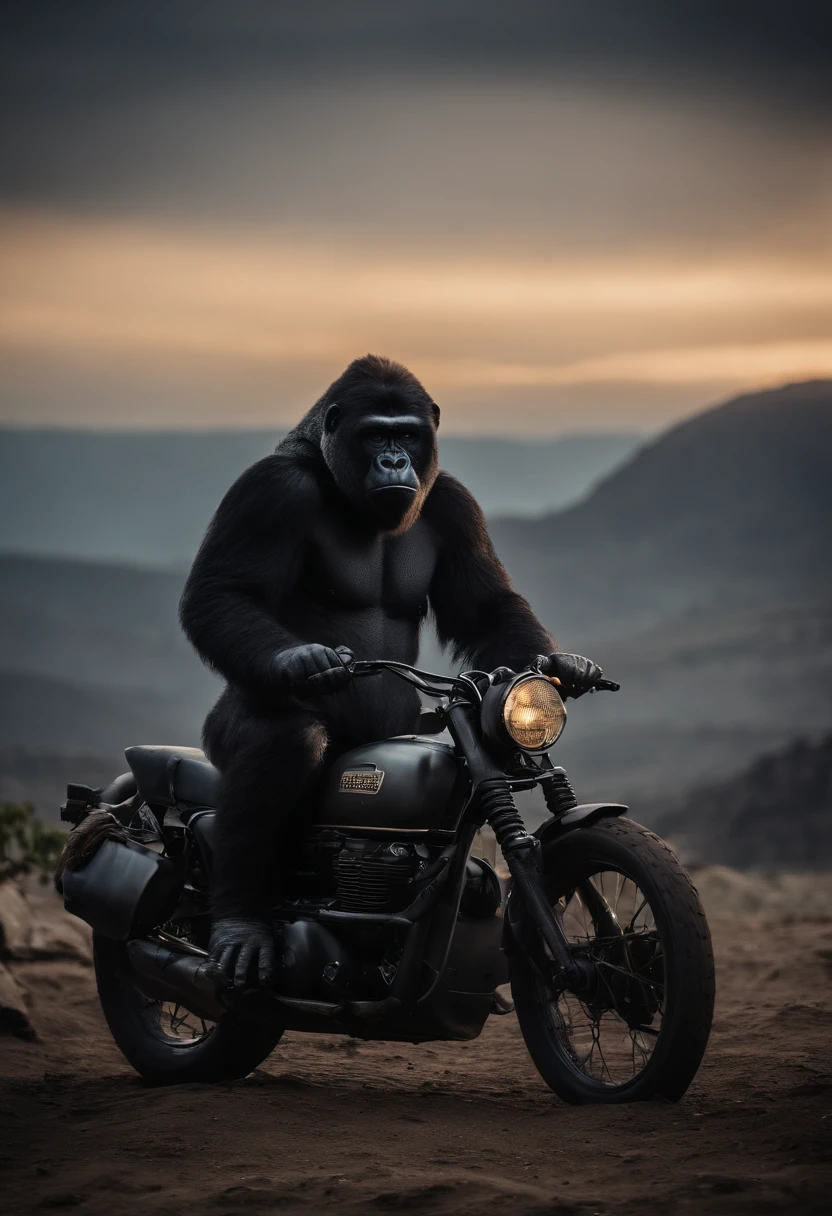 Gorila usando un casco vikingo con cuernos conduciendo una moto de carreras, el gorila esta usando gafas de sol, esta en un desierto de noche y hay una lluvia de asteroides en el firmamento