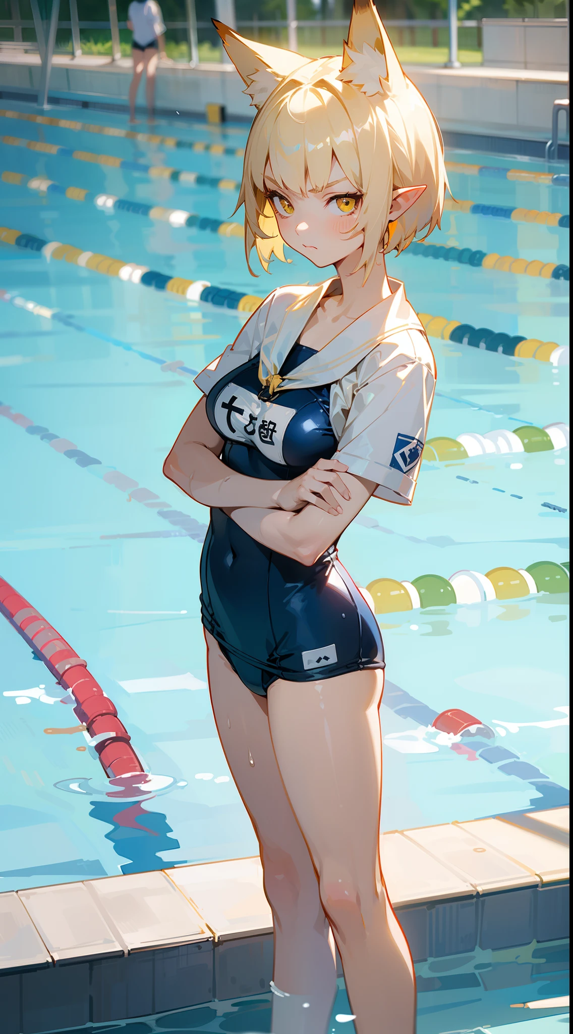 masterpiece, best quality, girl, cute face, yellow eyes, normal breast, School Swimsuit, ,short hair, platinum blonde hair, pointy ears,fox ears,serious face,(standing in front of a school swimming pool),crossed arms,