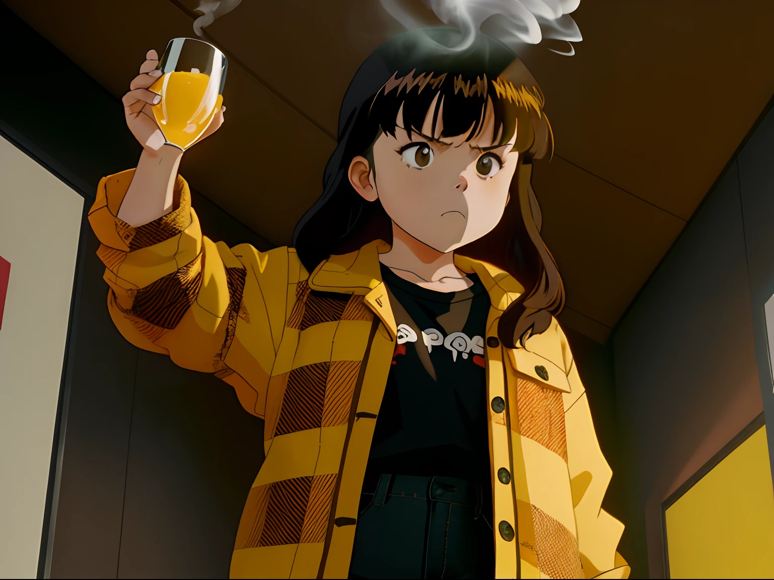 short chubby girl, long dark hair with yellow highlights at the ends of her hair, long bangs, angry expression, wearing a black shirt and a plaid flannel coat, wearing black pants, with a pose with her arm up holding a glass, smoking a cigarette in the mouth, Japanese anime style