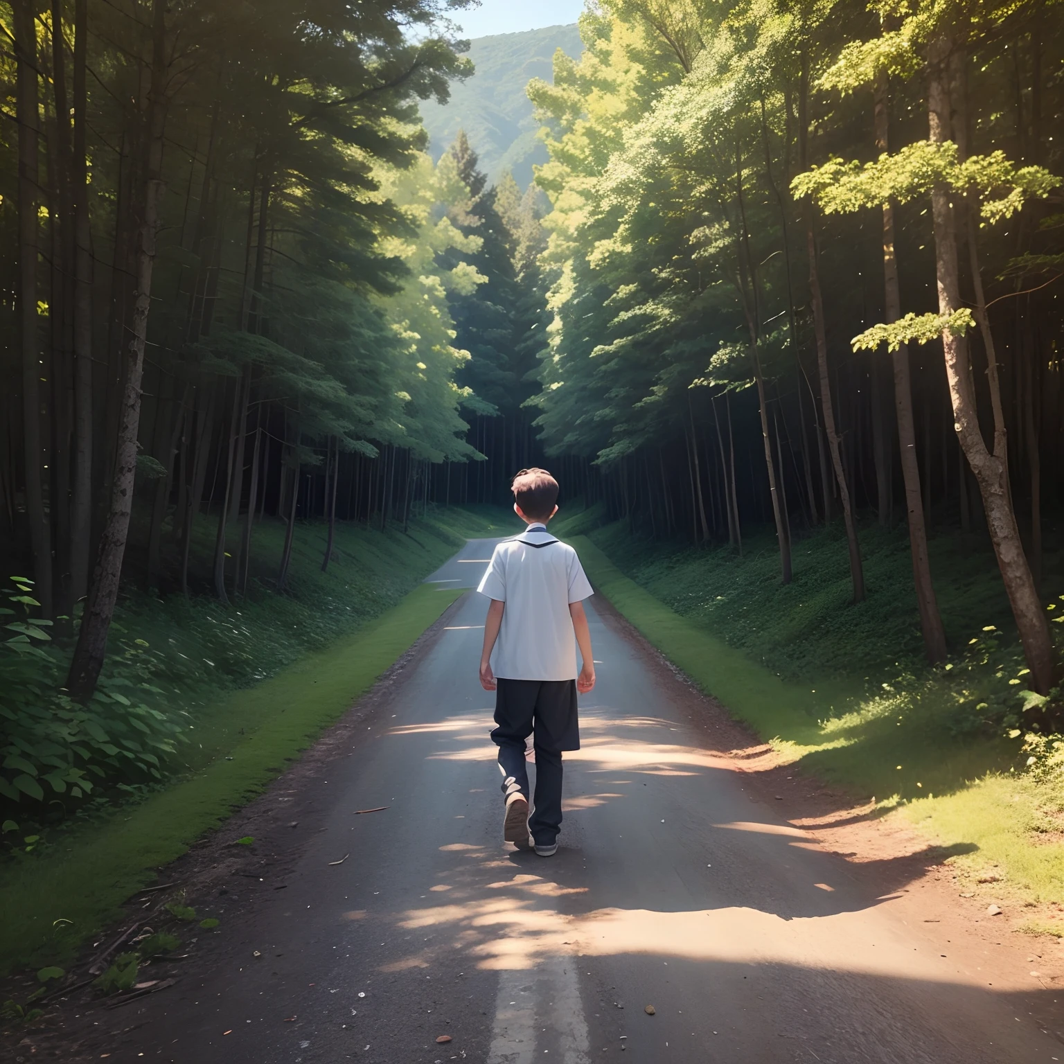 Alonel elder boy walking,in a forest,front mountain,one local road,instagram size