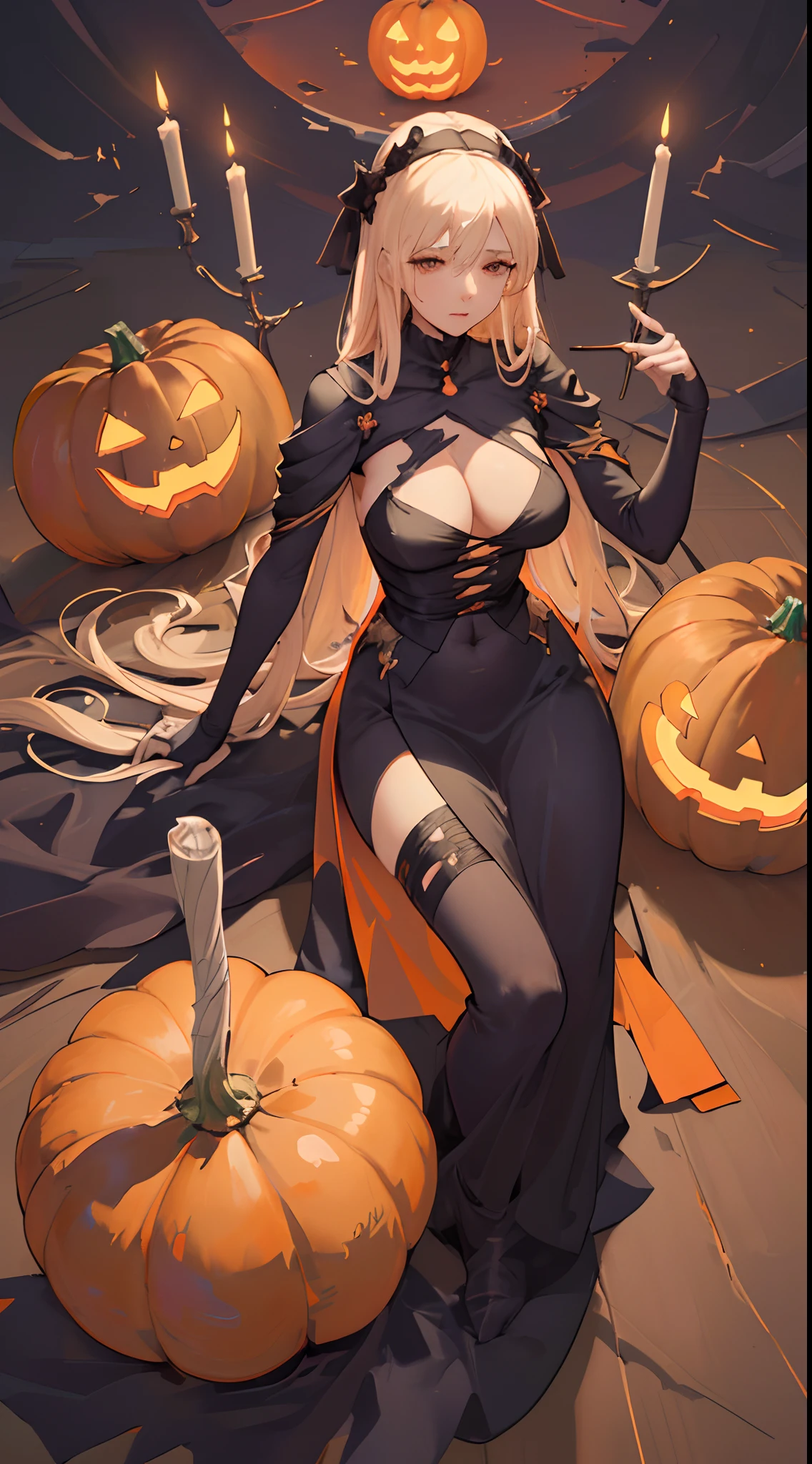 highly detailed, realistic detail, UHD, 4k, dream like, surreal, flowing bandages partial covers up figure of a womans body, side boob, big bust, thin waist, big hips, female outline, beautiful face, dark background, mummy, Halloween theme, pumpkins and candles in background, fine brush strokes