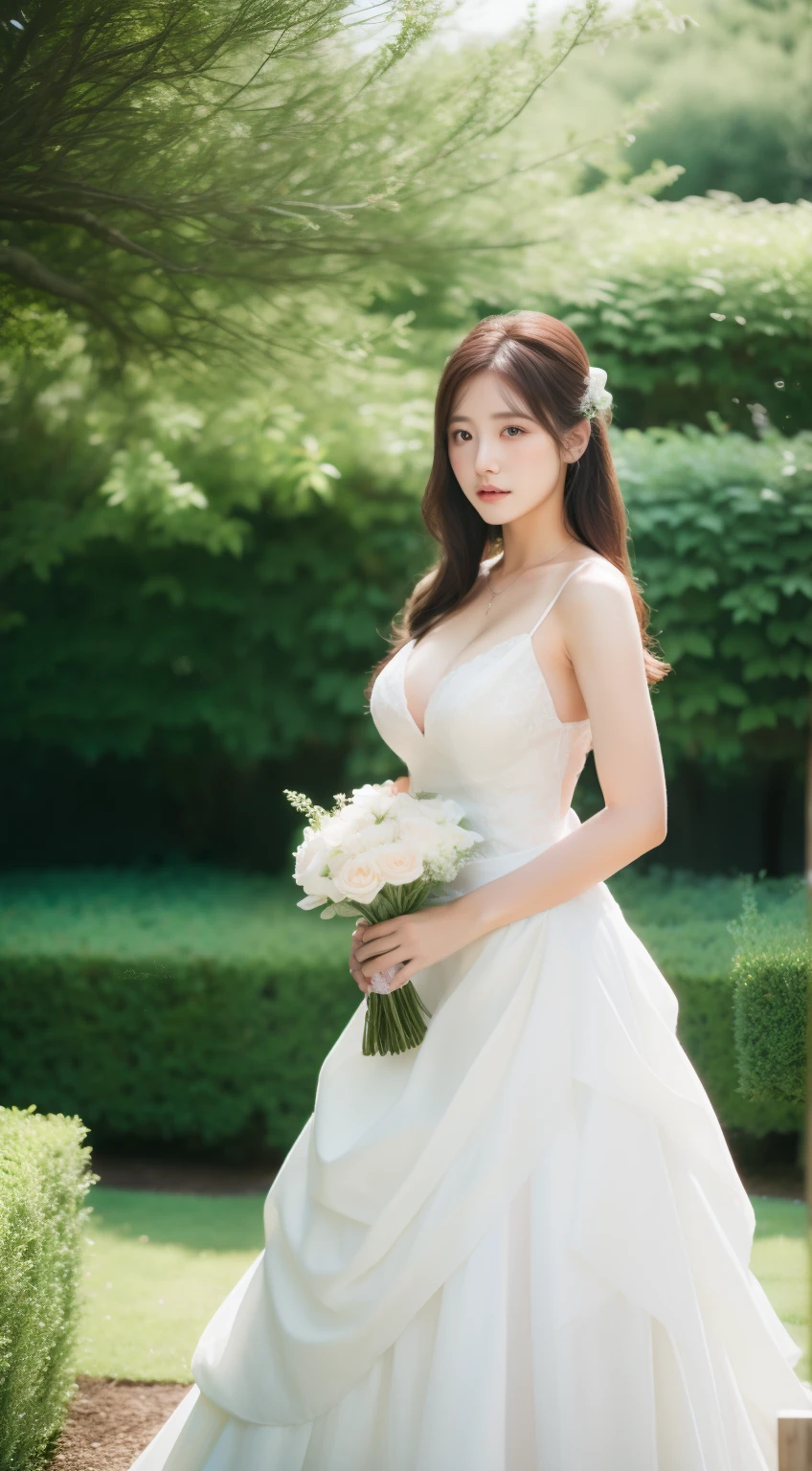 (RAW photo, Best quality), (Realistic, photo-realistic:1.2),High quality, 1girll,standing,hold the breasts,wedding gown,In the garden