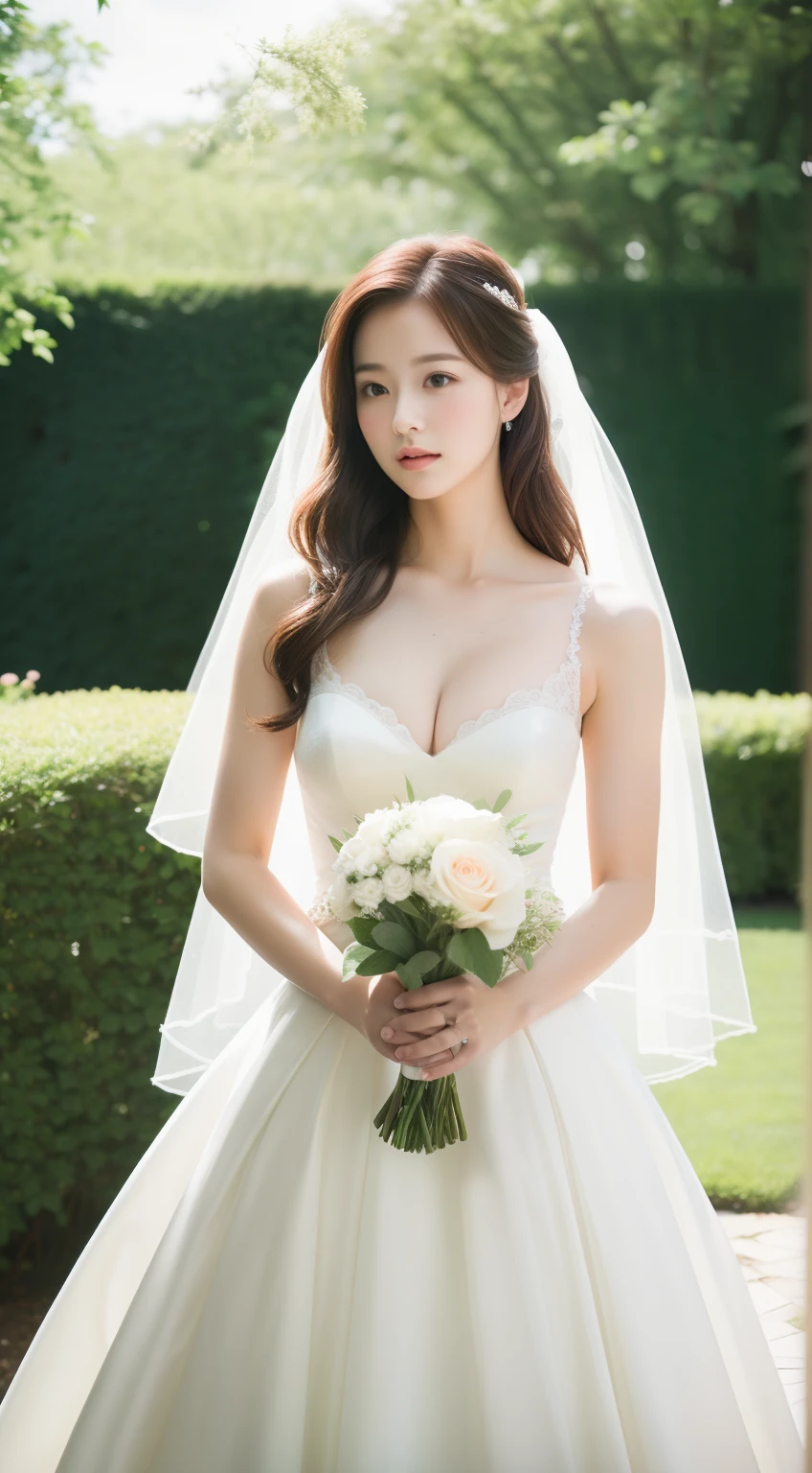 masterpiece, highest quality, Official Art, 8k wallpaper, Highly detailed illustration, One Girl, Arabian woman in wedding dress holding bouquet of roses, Lovely lady, With flowers, sakimi chan, Yoshitomo Nara, Photo taken with Nikon D750, Photo taken with Nikon D750, Cute and elegant pose, Shot with Canon EOS 5D Mark IV, Beautiful Asian Girl, deayami 