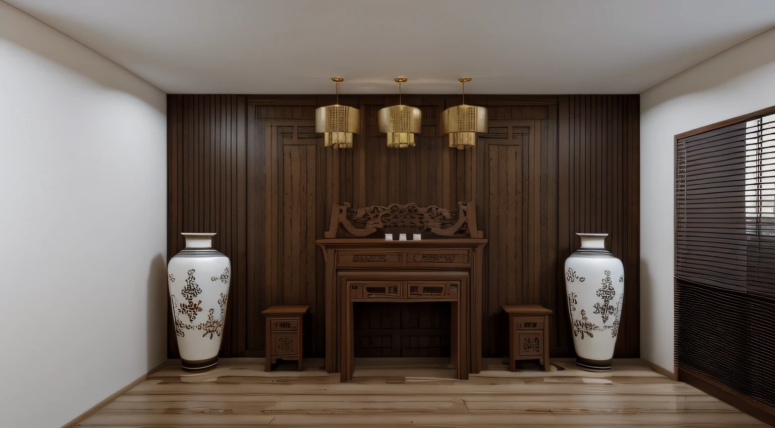 there is a room with a table, vases and a lamp, rendered in 3 dsmax, rendered in v-ray, render in vray, rendered in vray, vray rendered, chinese style, 3 d vray render, render vray, vray render, very detailed render, rendered in unreal engine 3d, rendered in povray