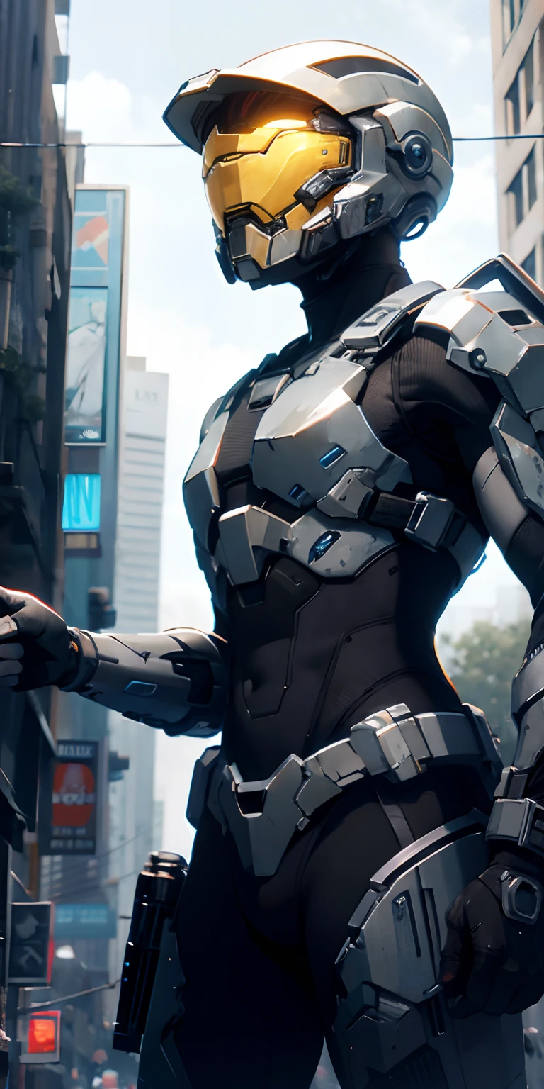 "homem com armadura de halo em uma base espacial", armadura enferrujada:0.9, galaxy, foto profissional:1.3) armadura negra desgastada pelas batalhas, armado e perigoso, capacete variante cyberpunk com visor negro