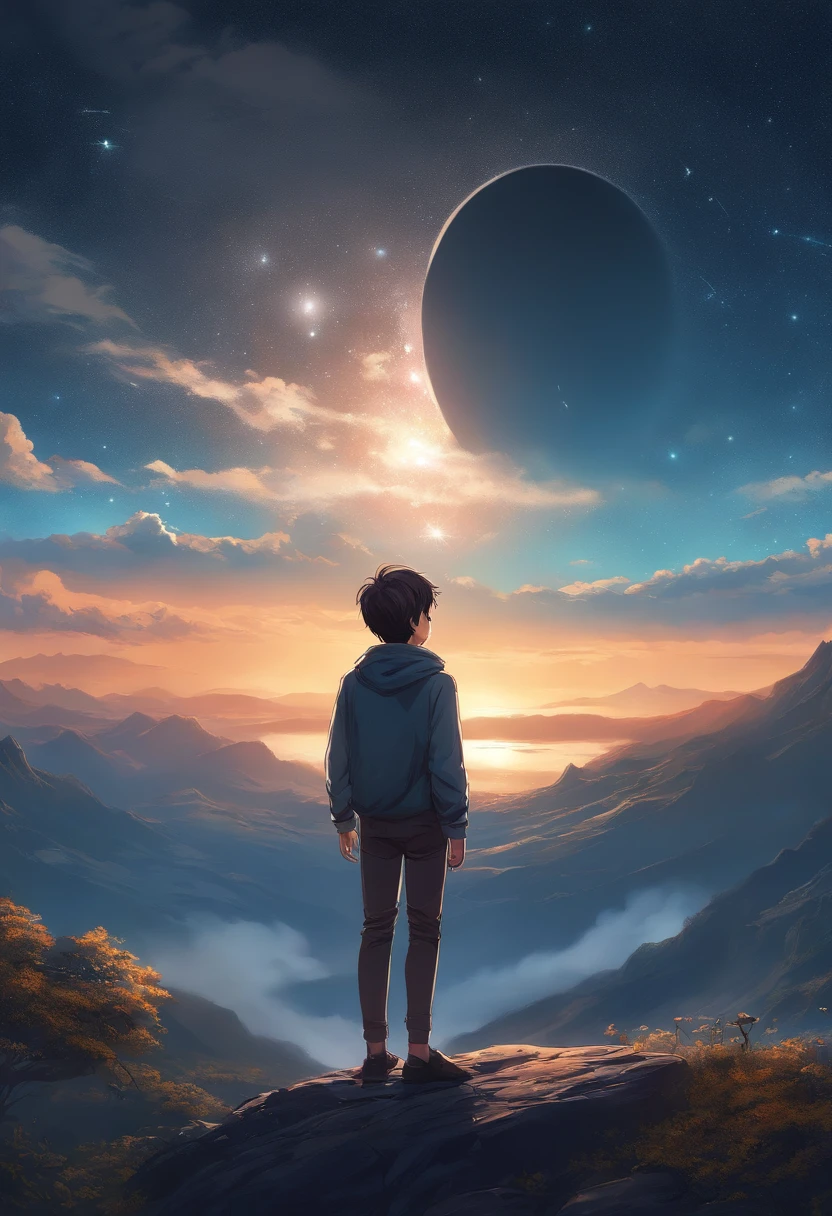 Anime boy standing on a rock looking at the sky full of stars, Makoto Shinkai Cyril Rolando, Anime art wallpaper 4k, Anime art wallpaper 4 K, Anime art wallpaper 8 K, Cosmos Sky. By Makoto Shinkai, Inspired by Cyril Rolando, in the style dan mumford artwork, amazing wallpapers, By Yuumei, White hair