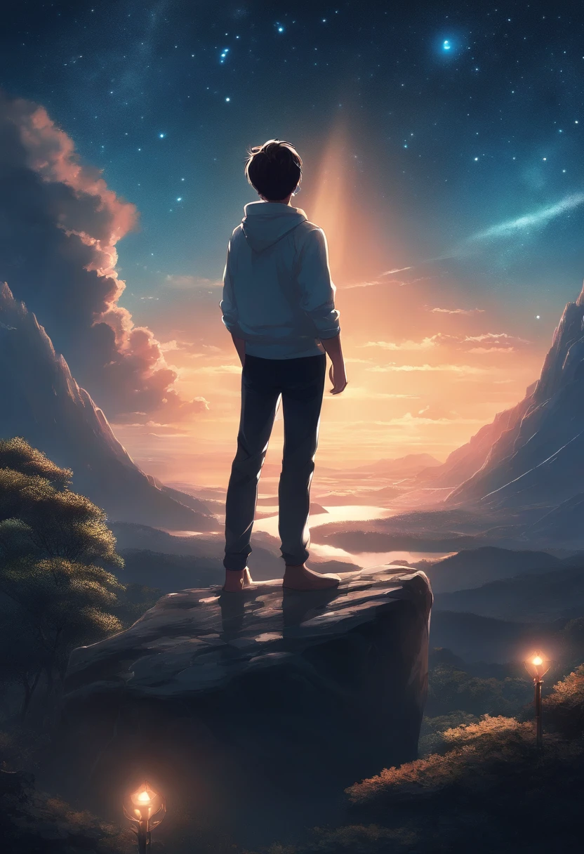 Anime boy standing on a rock looking at the sky full of stars, Makoto Shinkai Cyril Rolando, Anime art wallpaper 4k, Anime art wallpaper 4 K, Anime art wallpaper 8 K, Cosmos Sky. By Makoto Shinkai, Inspired by Cyril Rolando, in the style dan mumford artwork, amazing wallpapers, By Yuumei, White hair