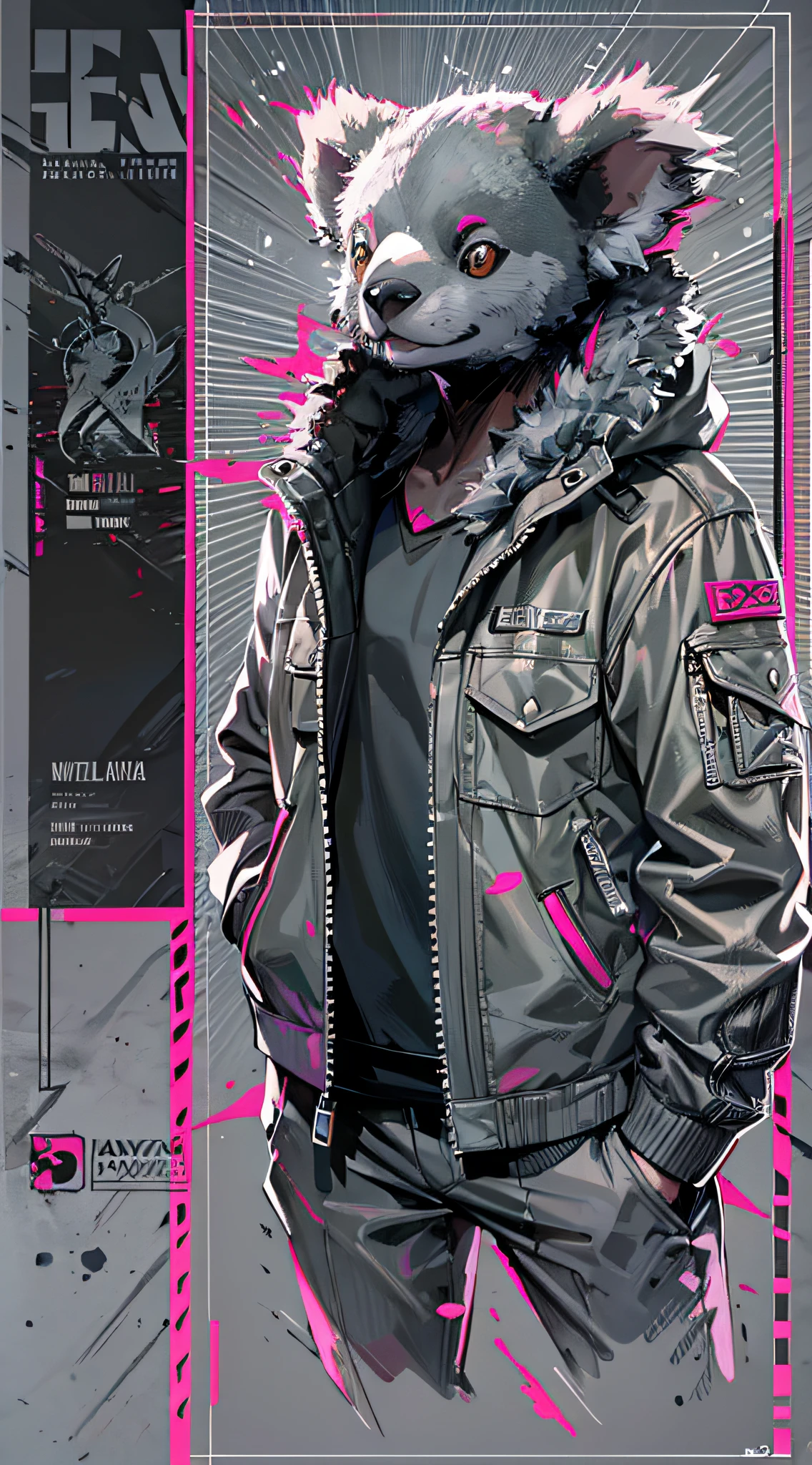 arte digital de um coala fury vestindo uma jaqueta preta e sorrindo linhas perfeitas desenho profissional