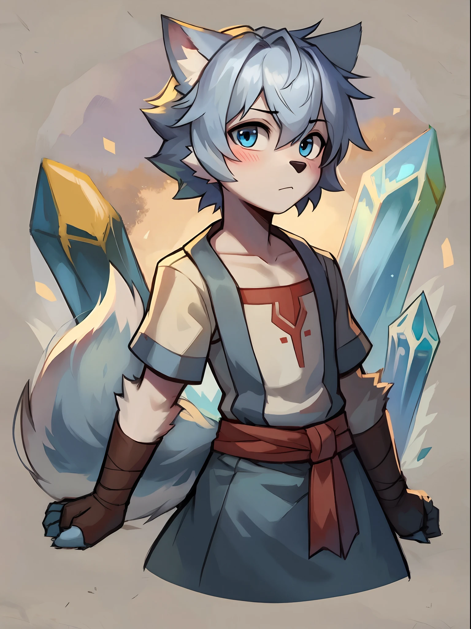 Furry，Wolf boy，White fur，crystal blue eyes，Single fluffy tail，greyt hair，short detailed hair