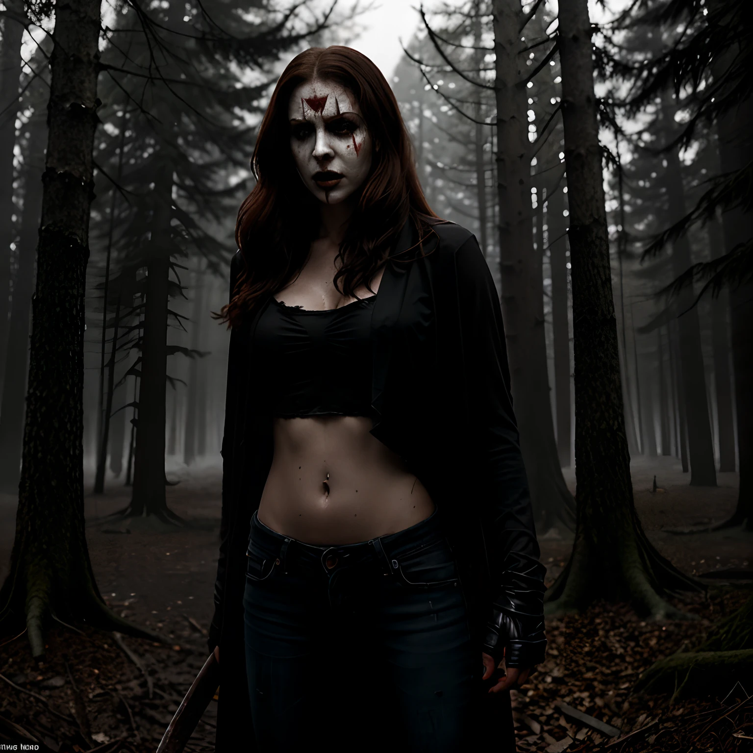 Generate a striking photograph of Autumn in her mid-20s, standing at approximately 5'4". She embodies a female version of Jason Voorhees from the Friday the 13th franchise. Her long, wavy chestnut hair cascades eerily over her shoulders, and her athletic hourglass figure, including her full bust, is cloaked in a sinister yet alluring manner. Her complexion is pallid, creating an eerie contrast with her dark attire.Cloaked in a gender-bent, menacing interpretation of Jason Voorhees' iconic attire, Autumn wears a tattered and blood-spattered hockey mask that conceals the upper part of her face. Her clothing consists of a weathered, blood-stained hockey jersey with the number 13, paired with distressed, dirt-covered jeans and heavy, mud-caked boots.The photoshoot takes place in a creepy, moonlit forest by the shores of Crystal Lake. The atmosphere is shrouded in fog, and the dim moonlight casts eerie shadows through the trees, creating a chilling ambiance.Autumn strikes poses that convey both malevolent power and eerie allure. She might menacingly wield a bloodied machete or axe, poised to strike, while her expressive brown eyes gleam malevolently through the eyeholes of the hockey mask. Her stance exudes a sinister confidence that captures the essence of Jason Voorhees.Intense look and makeup, asymmetrical mask design, photorealistic, moonlit lighting, ominous fog, reflective machete/axe blade, visible gore and bloodstains, chilling shadows, intricate, elaborate, hyper-realistic.