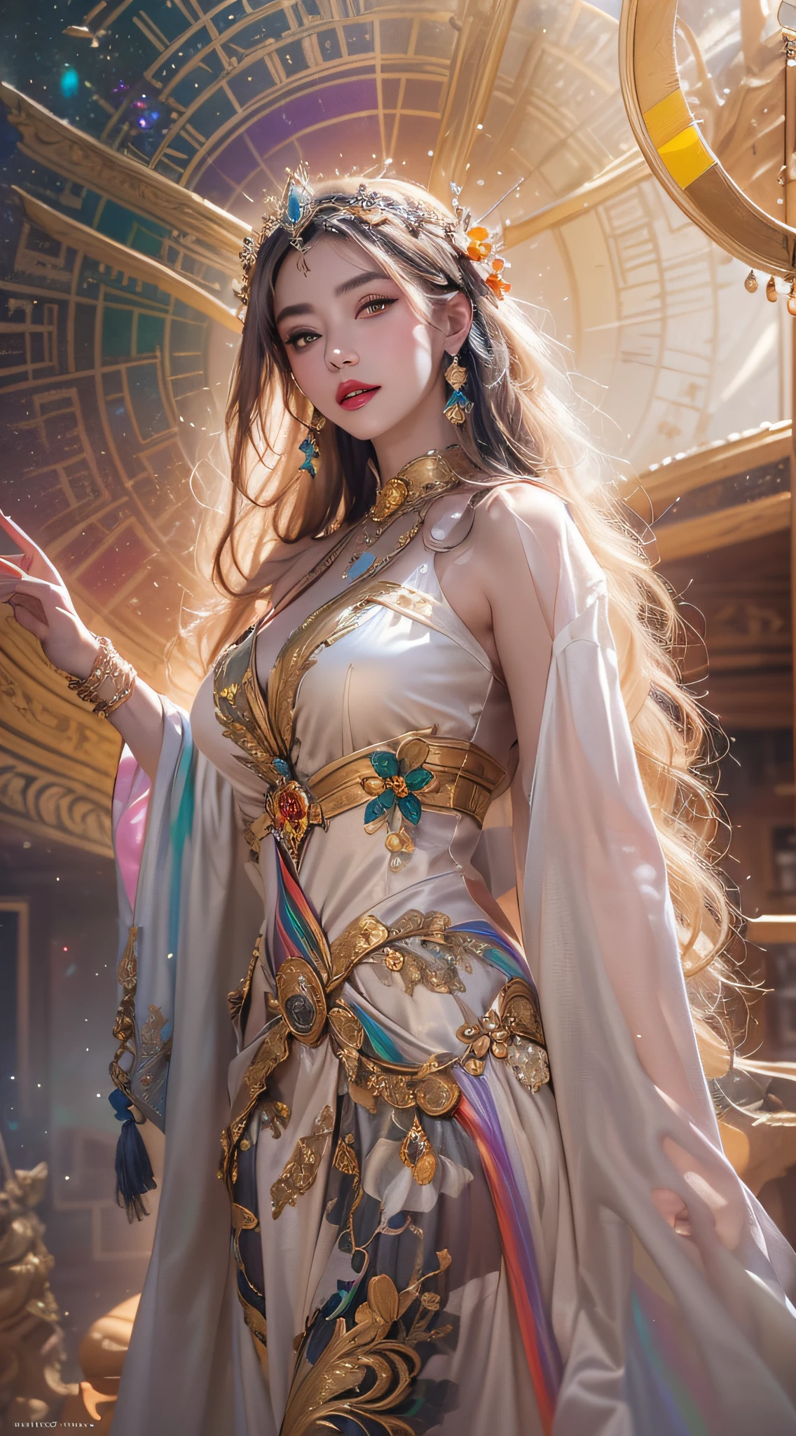 1 27-year-old girl, 1 athena goddess from the future, 12 zodiac goddess pink purple, athena goddess face sexy thin yellow nightgown, long thin nightgown 12 zodiac many limbs sexy black lace detail, mythical goddess of the athena from the future, zodiac ♏, luxurious glittering athena style, Dark and mysterious version, athena crown, lipstick red lips, thin and pretty lips, don't smile, Keep your mouth shut, characters created by karol bak and pino daeni, intricately details, Detailed background, Extremely detailed, Light magic, A woman, Clear face, looking at the upper body of the goddess of the athena, Round breasts, Big and round breasts, phoenix hair brooch, Long hair with bangs, (Long hair has 7 colors like a rainbow:1.9), beautiful detailed face and well-proportioned eyes, (transparent yellow eyes: 1.8), big round eyes and very beautiful and detailed makeup, Visionary, long silk nightgown, Mysterious makeup, bangle, side bangs and dye pale yellow, Upper body, (athena goddess upper body: 1.8), drooping arms, Realistic and vivid photo, (stars that make up athena: 1.7), ( sky athena and fictitious space and time portal: 1.8), fiction art, RAW photo, Hanfu photo, best photos, High_Nothing, Best quality, best photos, 8K quality, Ultra of 8K , surrealism, the most economical real photo, artistic portrait of athena signs, 1 symbol of athena signs behind, single portrait of athena goddess, Most realistic color scheme, best photo color, Masterpiece, hair adornments, necklace, jewelry, Beautiful face, Upper body, Tyndall effect, photograph realistic, Dark Studio, Border light, two tone light, (Detailed skin) High: 1.2), 8K UHD, Digital SLR, Soft light, High quality, volumettic light, candid, Photo, high resolution, 4K quality, 8K, Bokeh, Smooth and sharp, pixel up 10 times, Charming athena goddess, sexy athena goddess, Extend your arms downwards,(background space: 1.8), (milky ways: 1.7), aurora, Lightning, (Aurorabackground: 1.8), Perfect eyes, photo of perfect eyes, beautiful goddess and flowers,