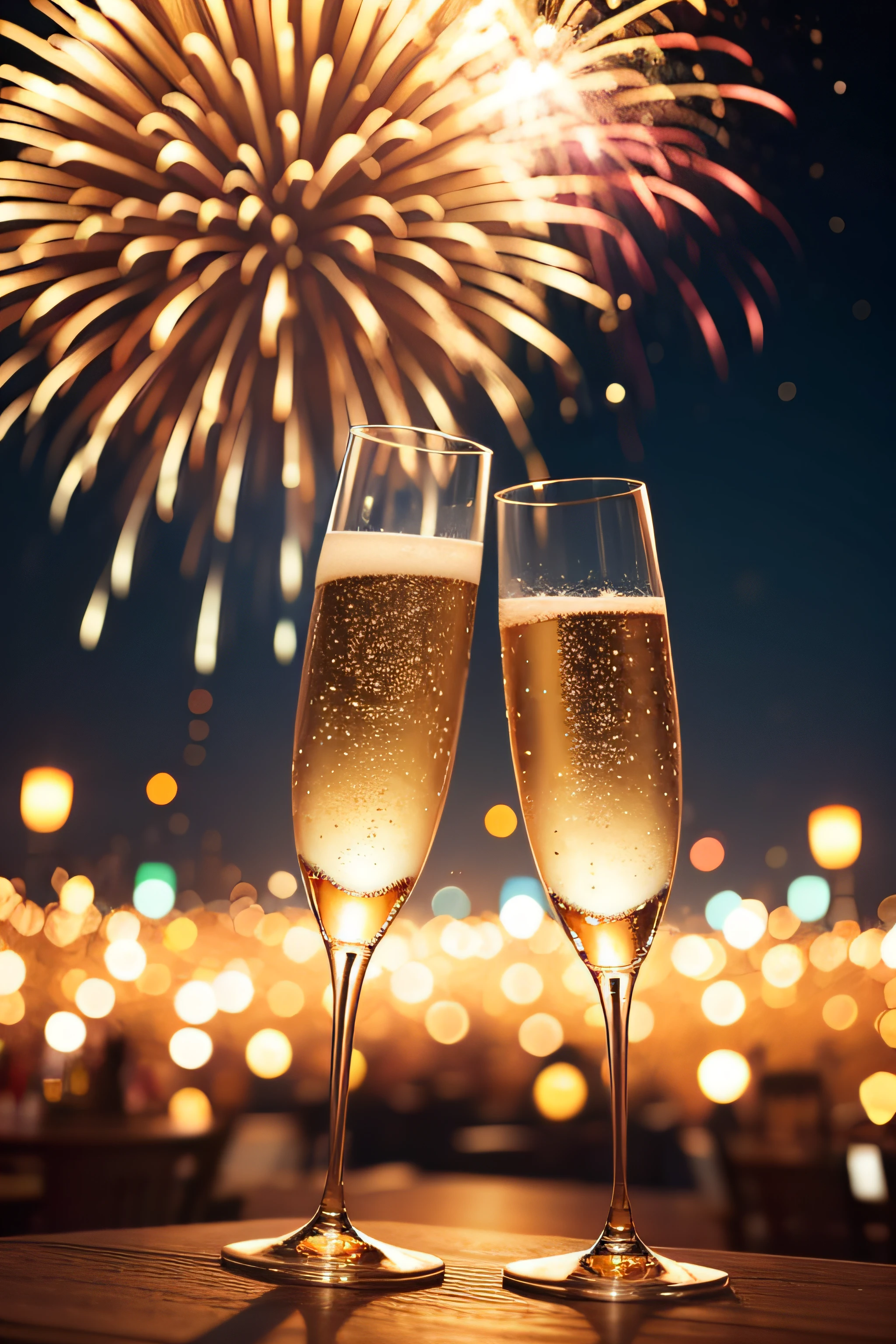 Place a ball and in the center two hands toasting with a glass of wine and an ice cream in the other, and in the background fireworks, all in black and gold 